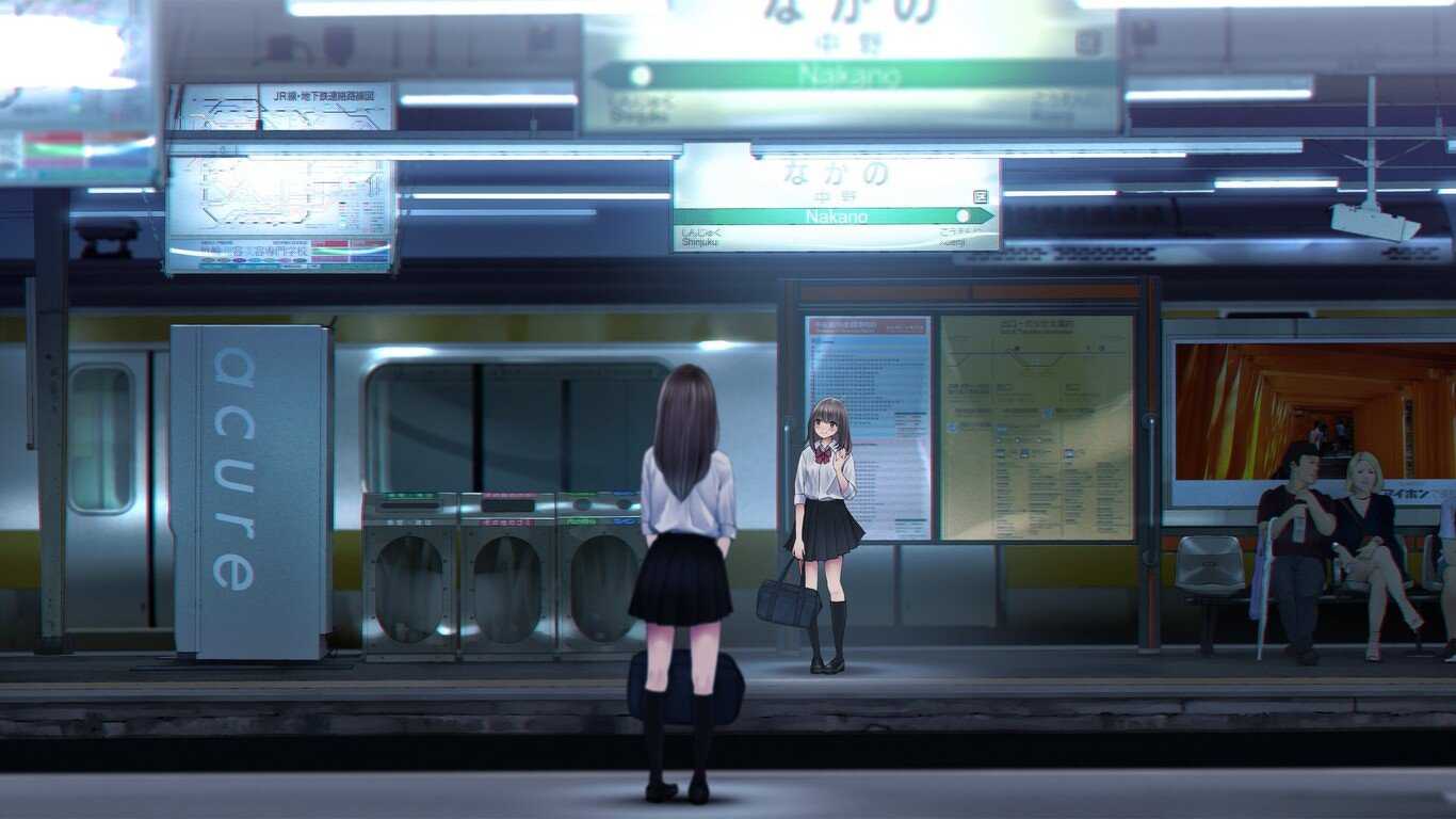 1366x768 Anime Girl at Train Station HD Wallpaper (1366x768)