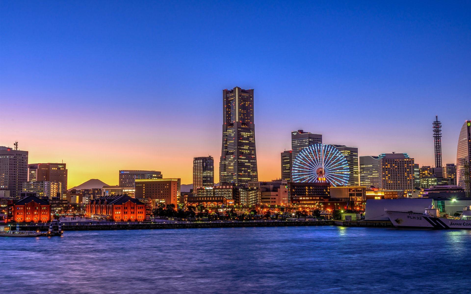 1920x1200 Wallpaper Yokohama, Japan, city, skyscrapers, ferris wheel, lights