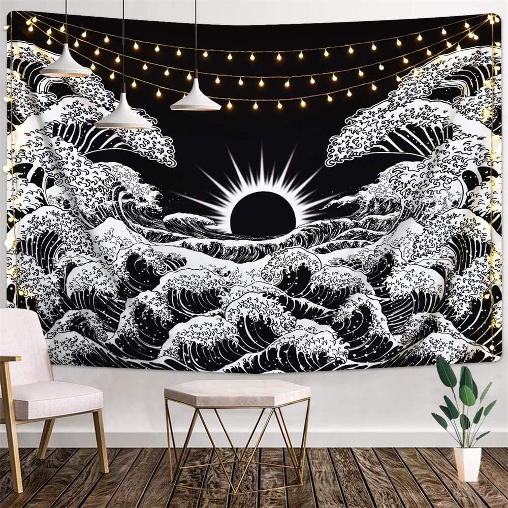 1000x1000 Puurbol Black White Great Wave Sun Tapestry Aesthetic Wall Hanging Art Large Wallpaper Dorm Bedroom Living Room Décor: Amazon.ca: Home & Kitchen