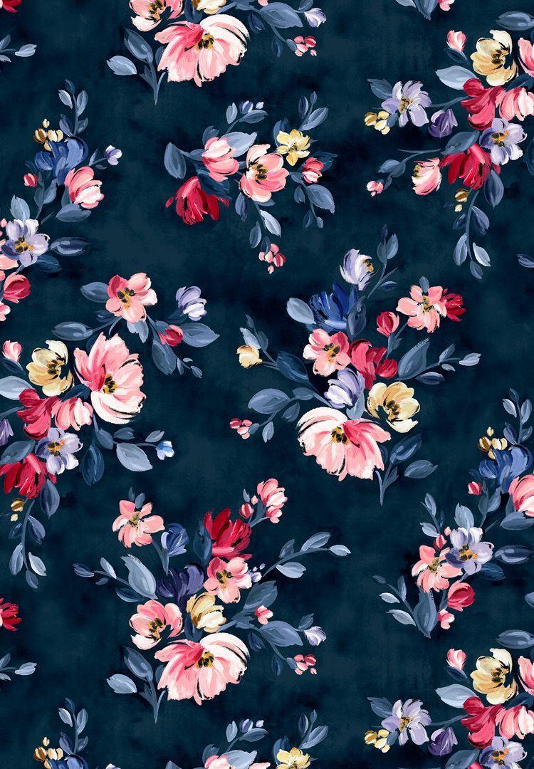 750x1080 A navy floral print with brightly coloured pink and yellow flowers