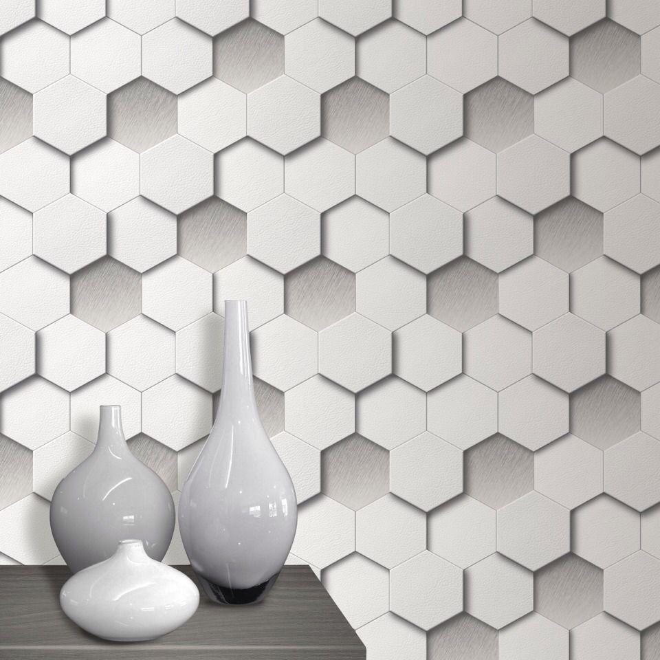 960x960 3D Effect Hexagon Geometric Wallpaper Leather Padded Look Cushioned White Grey Wall Paper Roll. geometric wall paper. wall paperpaper for walls