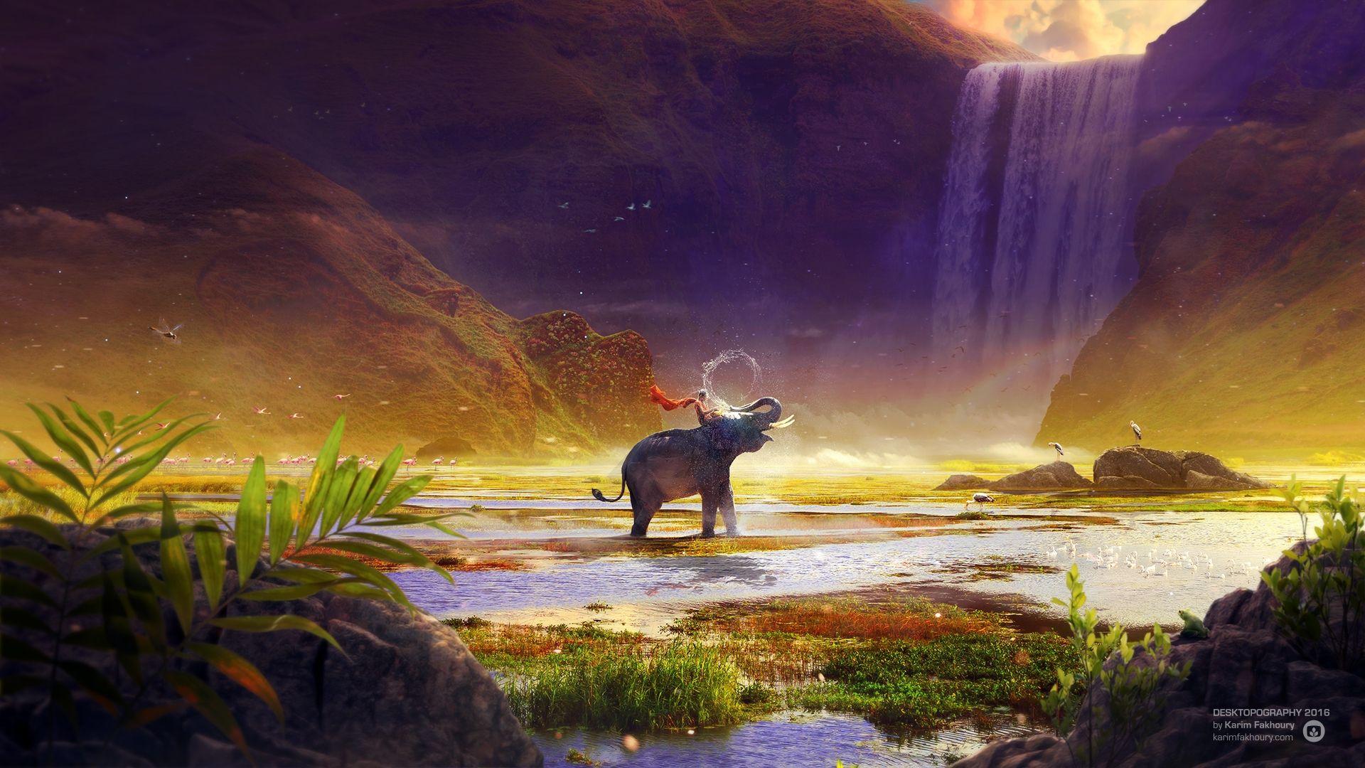 1920x1080 Download 1920x1080 Waterfall, Fantasy Landscape, Elephant, Cape