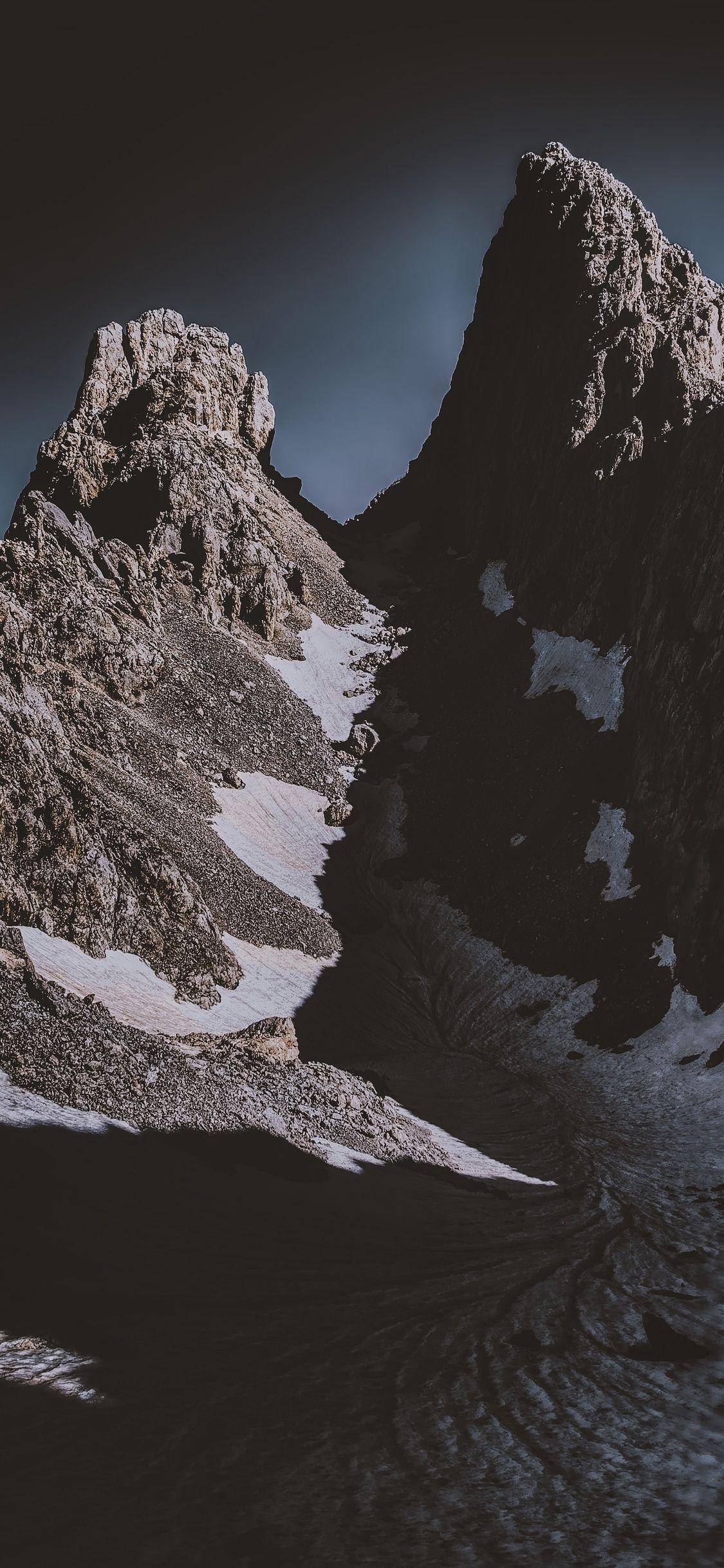 1125x2436 Dark Mountains Covered By Snow 5k iPhone XS, iPhone iPhone X HD 4k Wallpaper, Image, Background, Photo and Picture