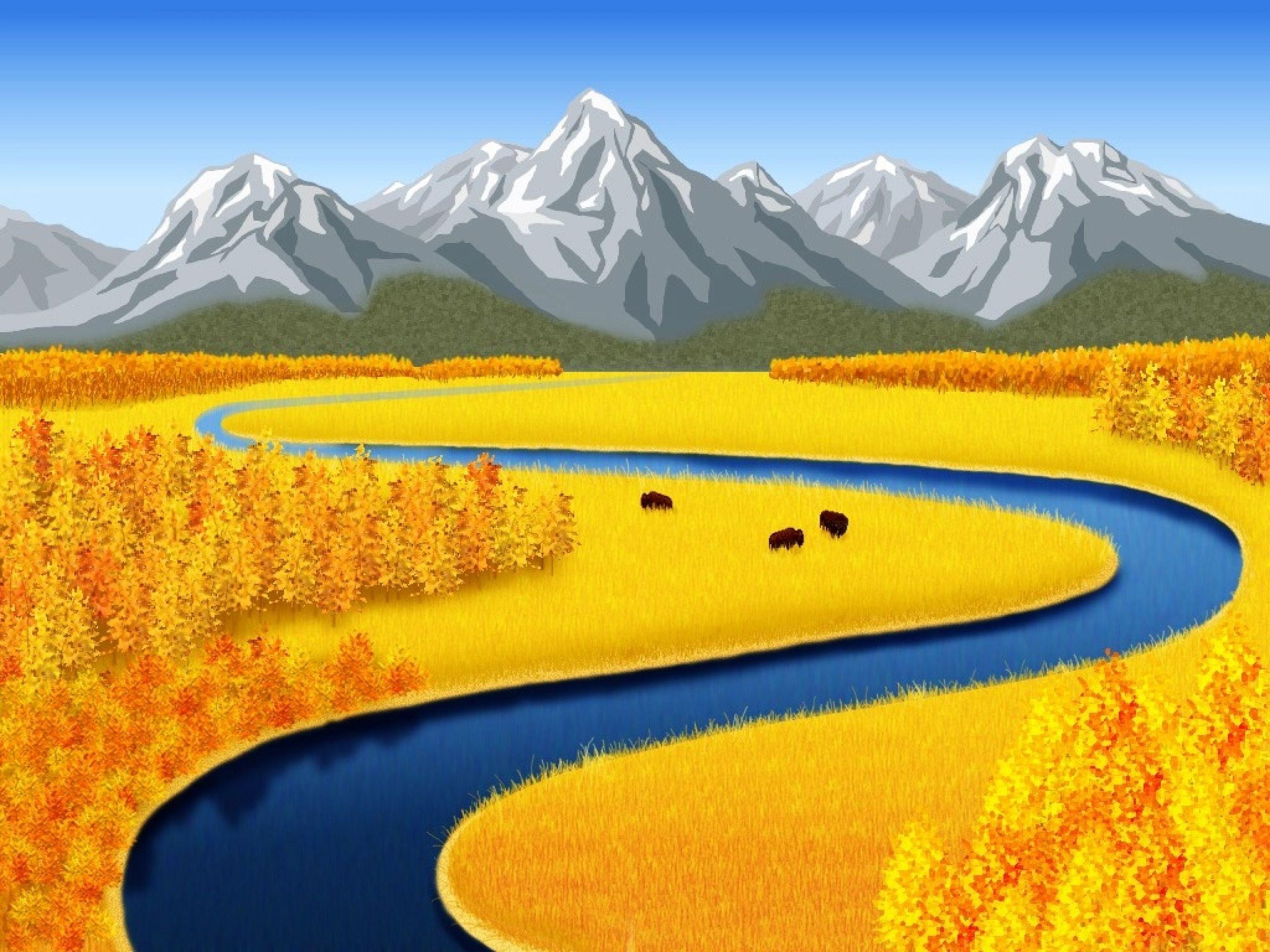 2560x1920 Mountains Yellow Fields Creek wallpaper. Mountains Yellow Fields