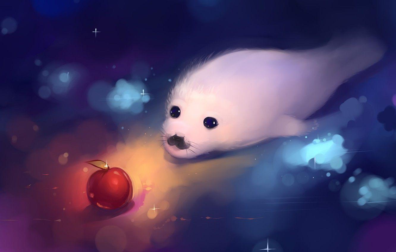 1332x850 Wallpaper white, Apple, cub, art, Baby seal, marine seal, hangmoon