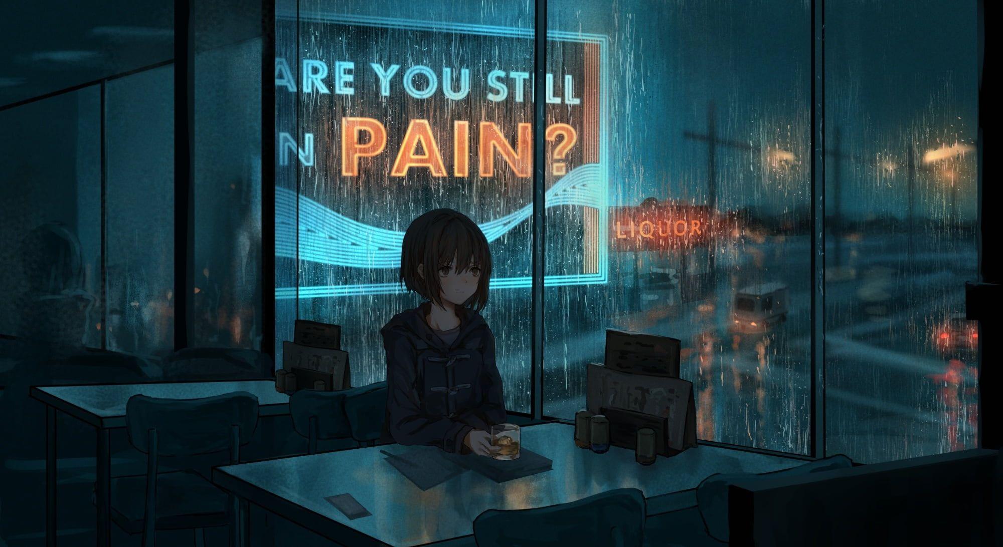 2000x1091 đêm #rain #mood #anime #art #cafe P # tường giấy #hdwallpaper