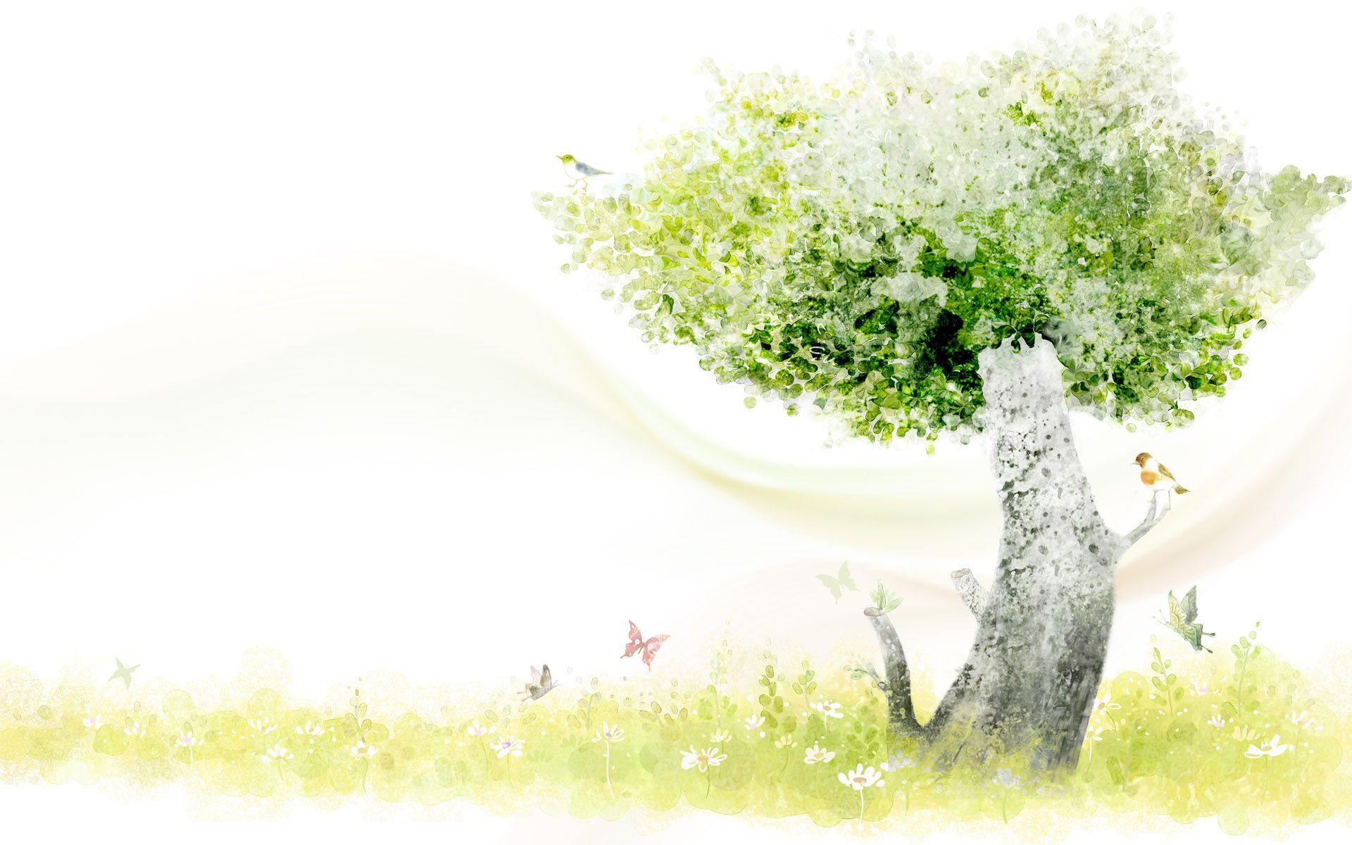 1920x1200 Trees Butterfly Flowers And Cartoon Aesthetic Background
