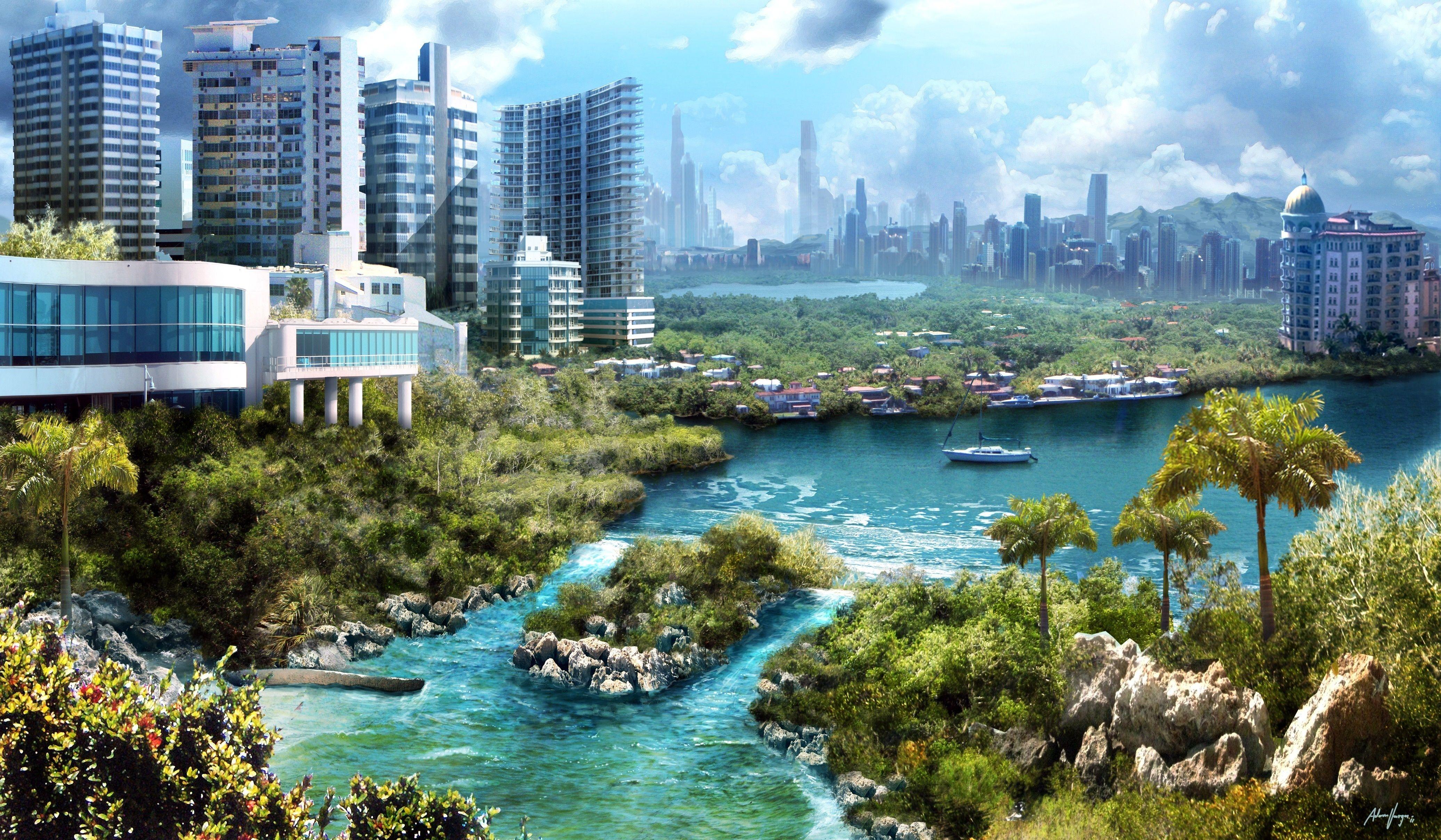 4144x2417 WallpaperD wallpaper. photo. picture. stones, yacht, the city, river, Sunny