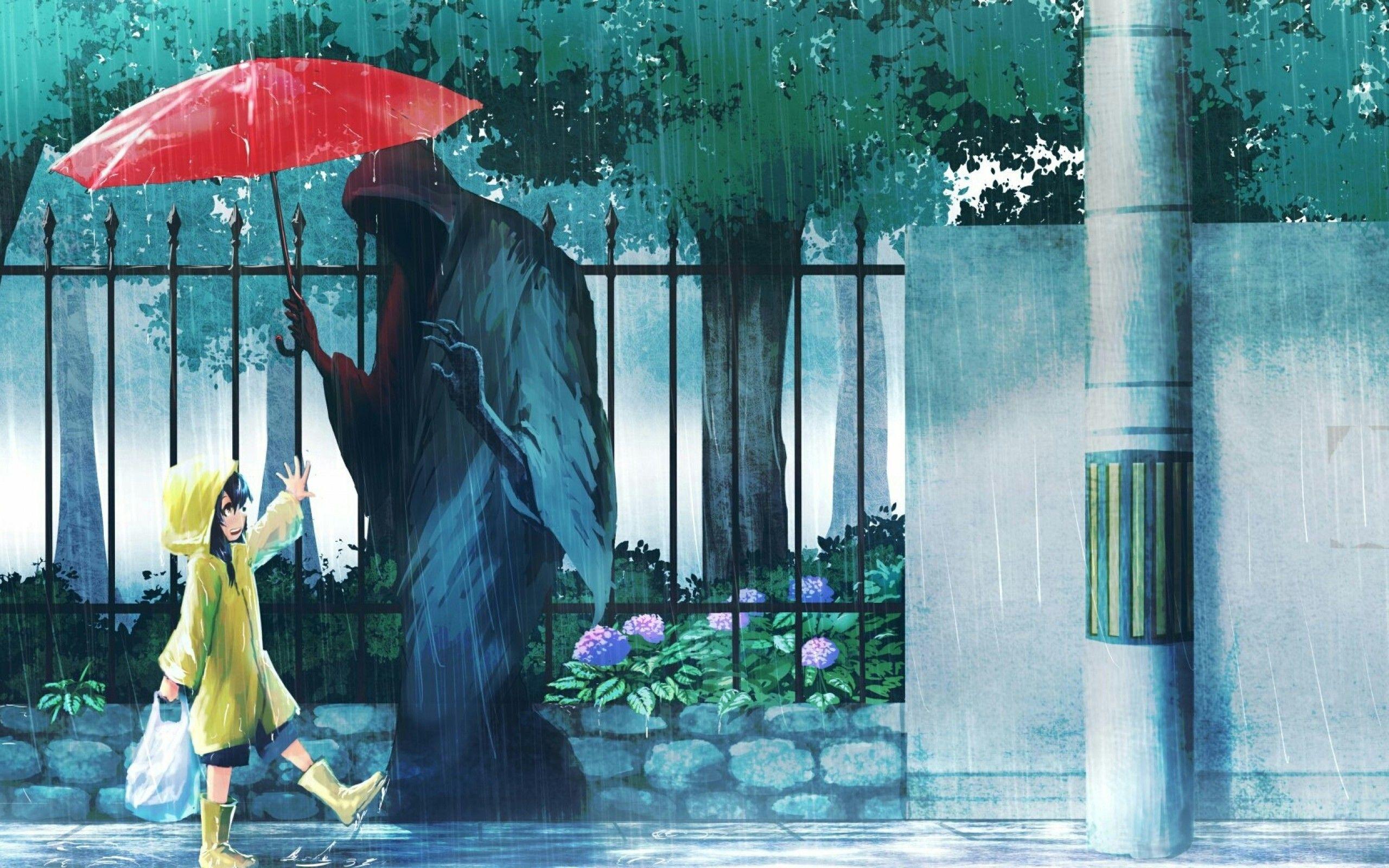 2560x1600 Download 2560x1600 Anime Girl, Raining, Coat, Red Umbrella