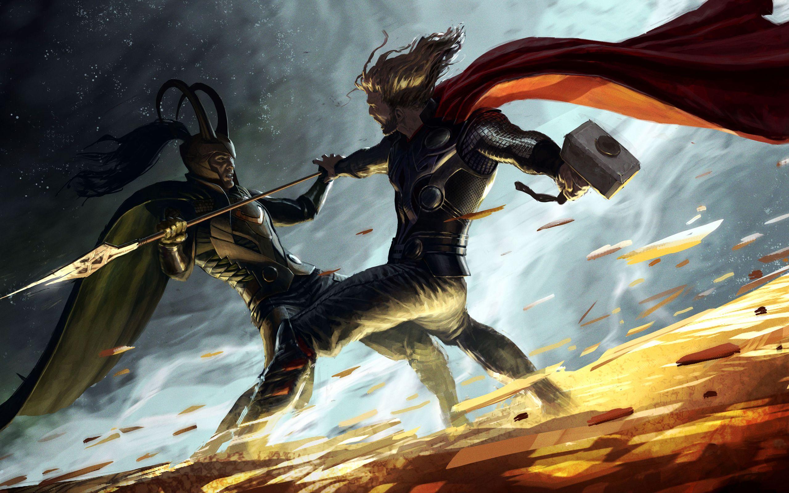 2560x1600 Thor fight hammer artwork marvel comics spears loki mjolnir