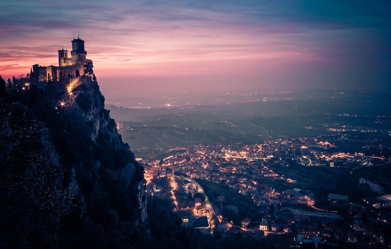 1332x850 Wallpaper city, lights, rock, sky, landscape, sunset, night