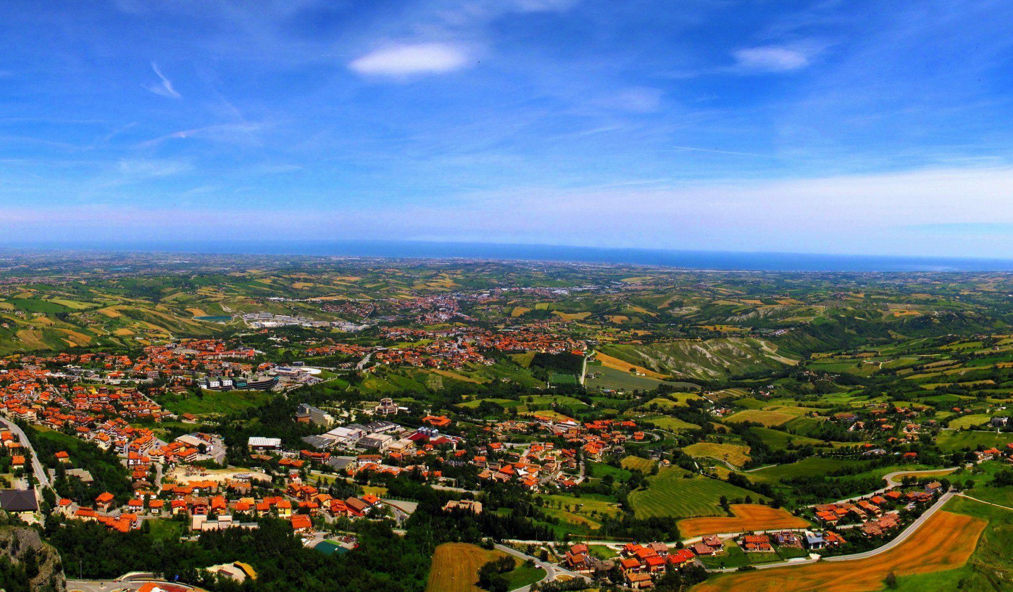 2051x1200 cities san marino town house hills sea landscape horizon. HD