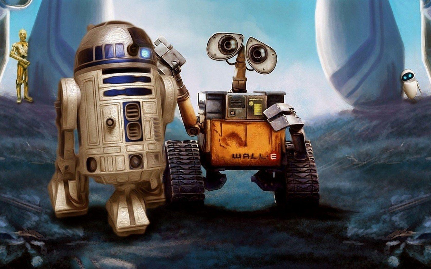 1680x1050 Wall E R2 D2 Star Wars Robots Cartoon Art HD Wallpaper