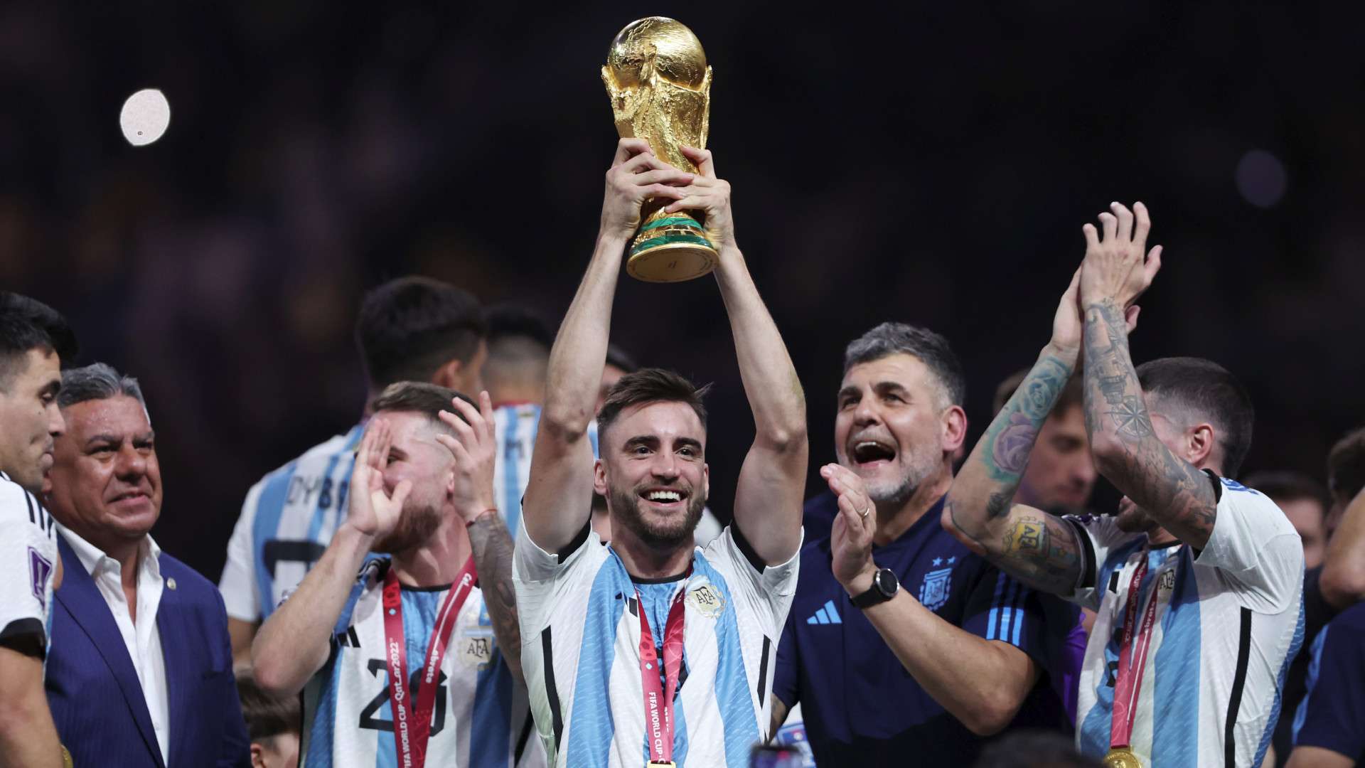 1920x1080 Safety first! Tagliafico fastens seat belt around World Cup trophy for flight back to Argentina. Goal.com English Saudi Arabia
