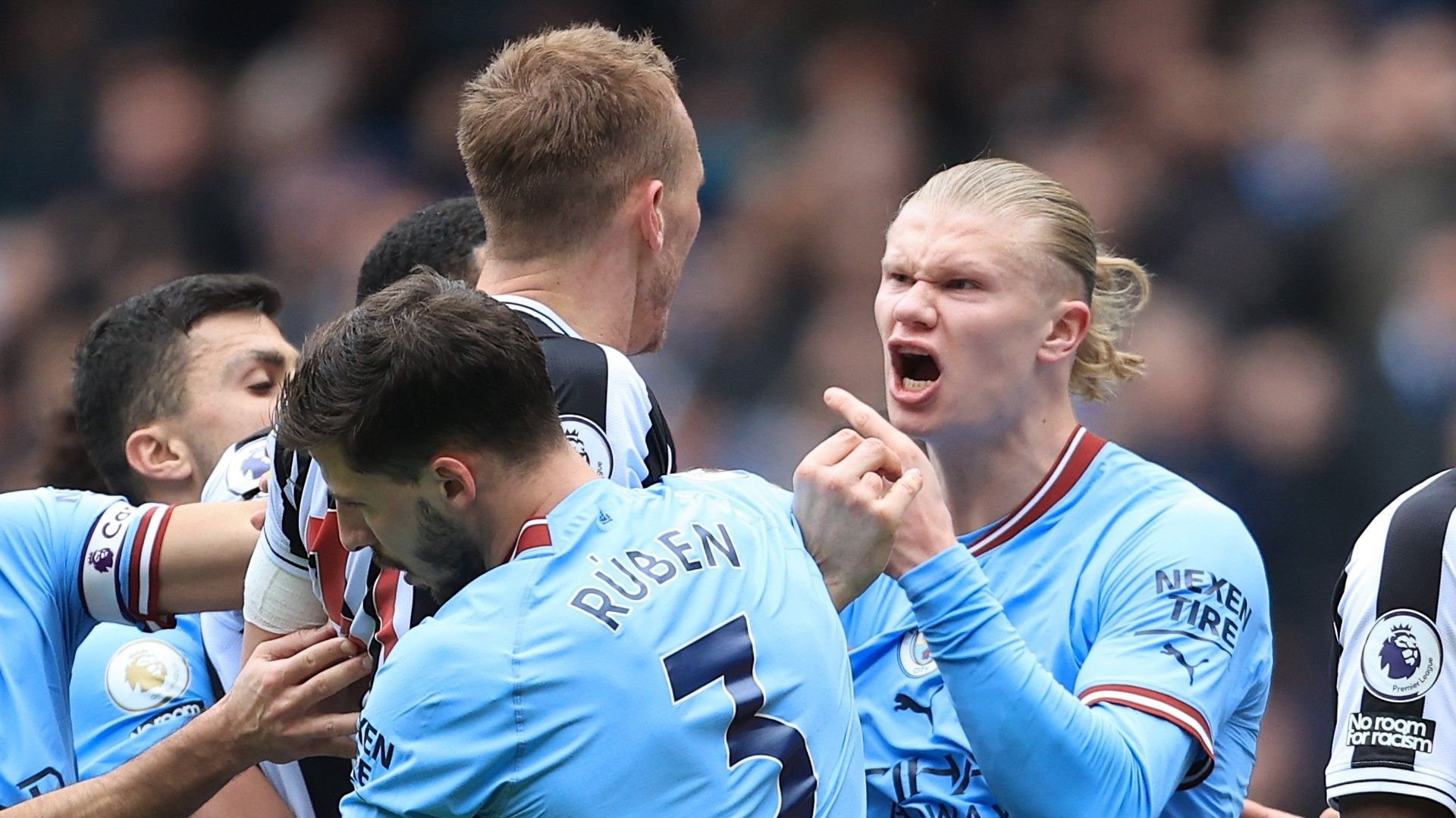 1920x1080 Furious Erling Haaland absolutely loses it & clashes with Dan Burn before LAUGHING in his face after foul on Jack Grealish in Man City's win over Newcastle. Goal.com US