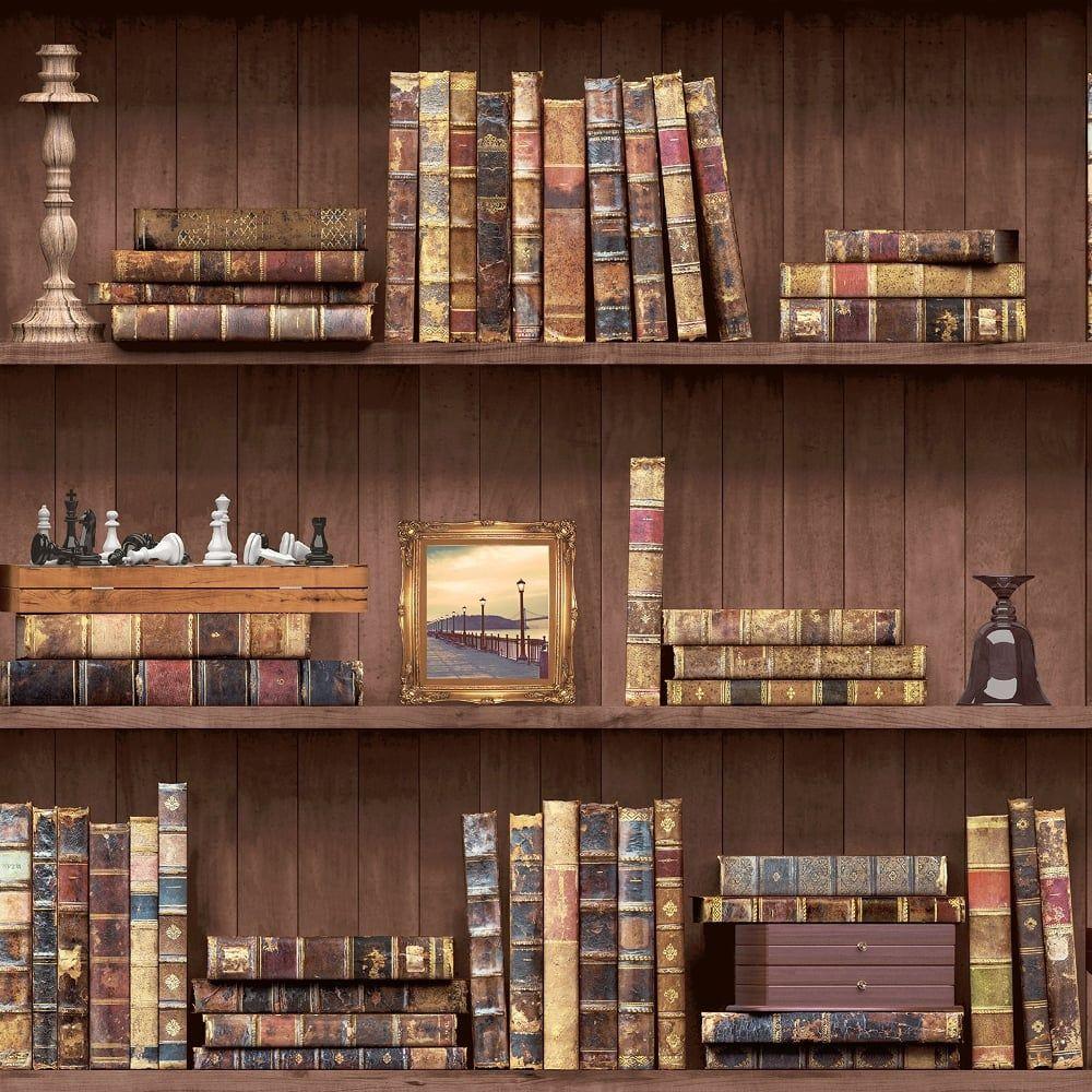 1000x1000 Holden Vintage Book Case Pattern Wallpaper Faux Effect Wood Shelf