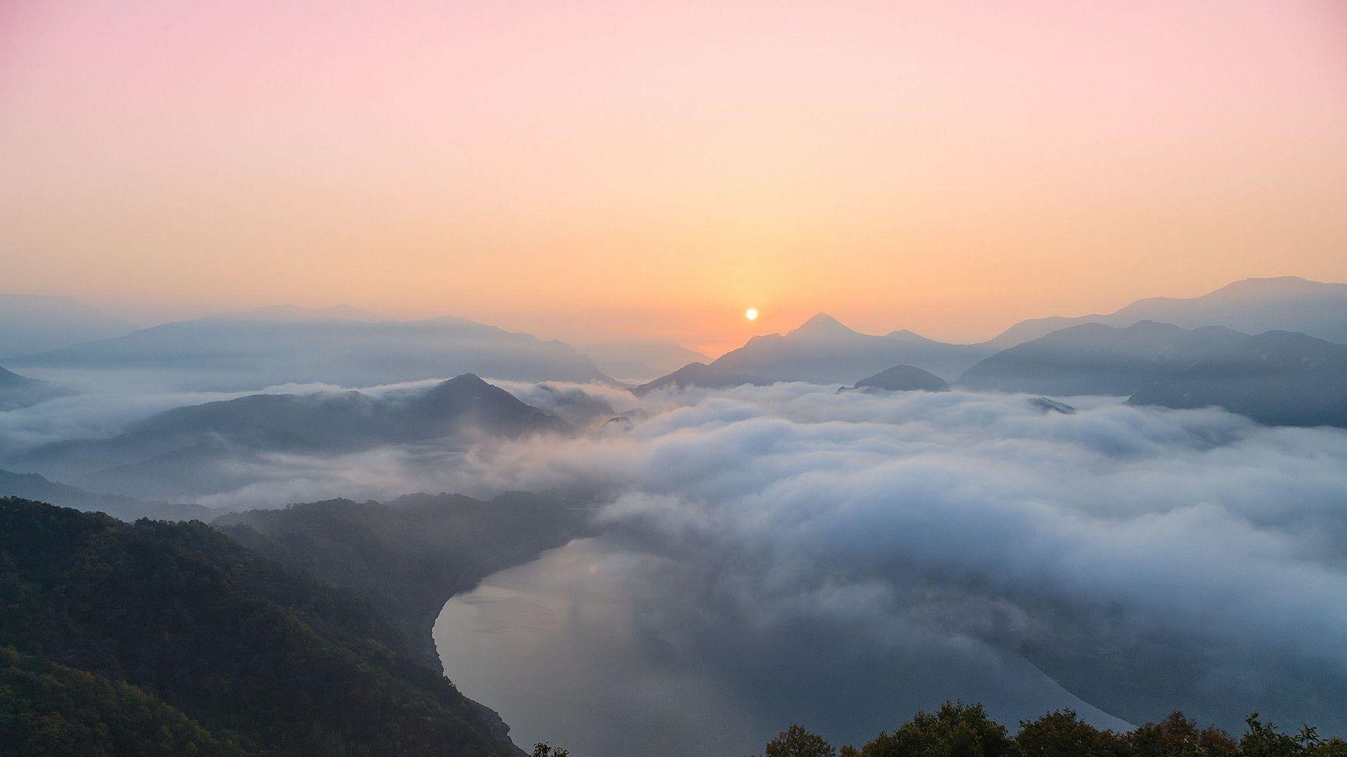 1920x1080 nature, Landscape, Sunrise, Clouds, Mountain, Lake, Mist, Forest