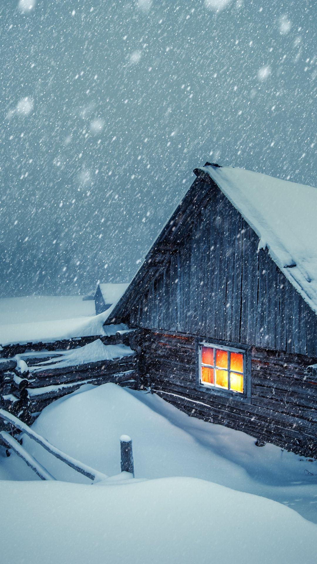 1080x1920 House Light, Winter, Snow Layer, Snowfall Wallpaper