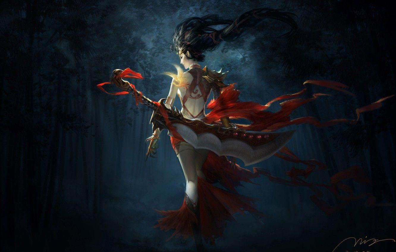 1332x850 Wallpaper forest, girl, night, weapons, bird, dark, sword, bamboo