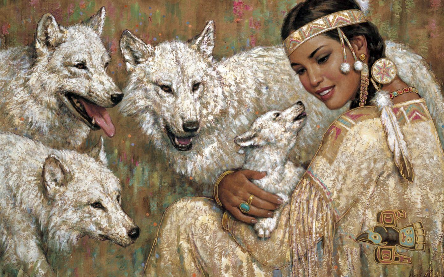 1440x900 Indian and Wolf Wallpaper Image