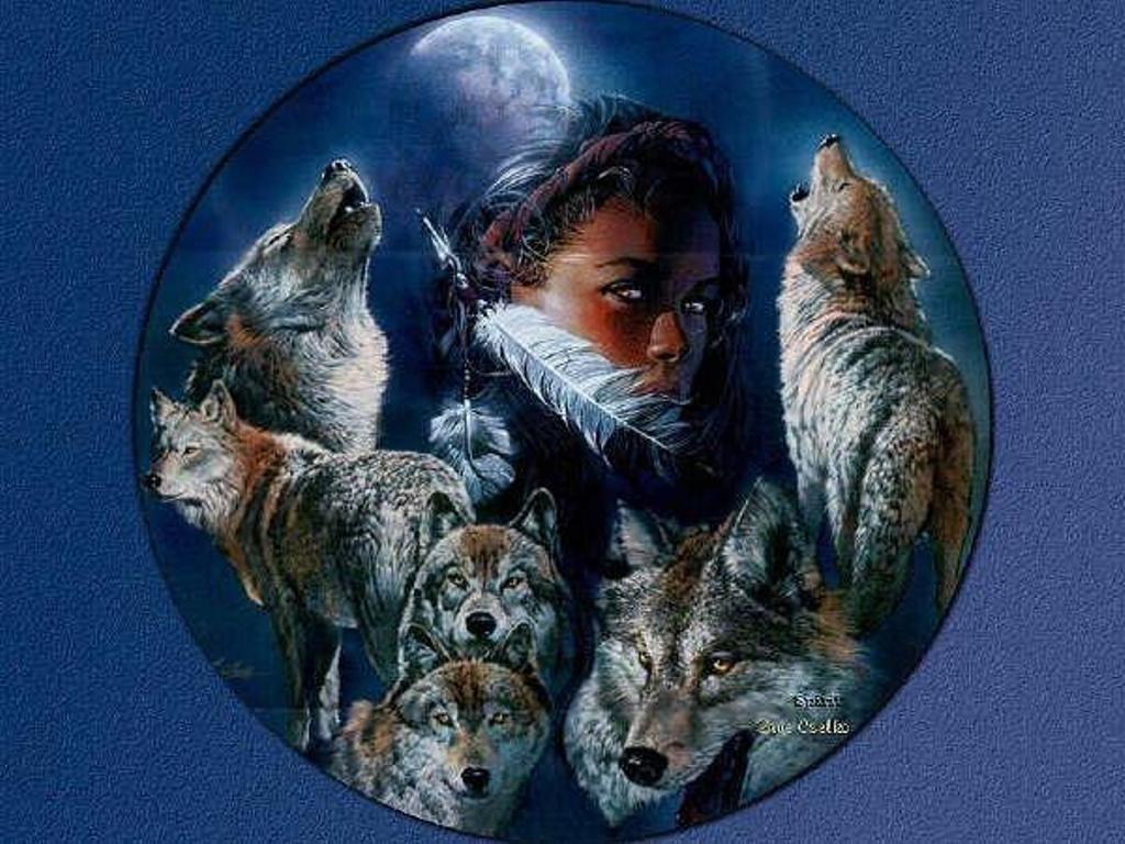 1024x768 Indian and Wolf Wallpaper Image