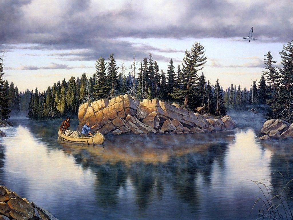 1024x768 Old West Fall Season River Painting Nature Wallpaper Background Free