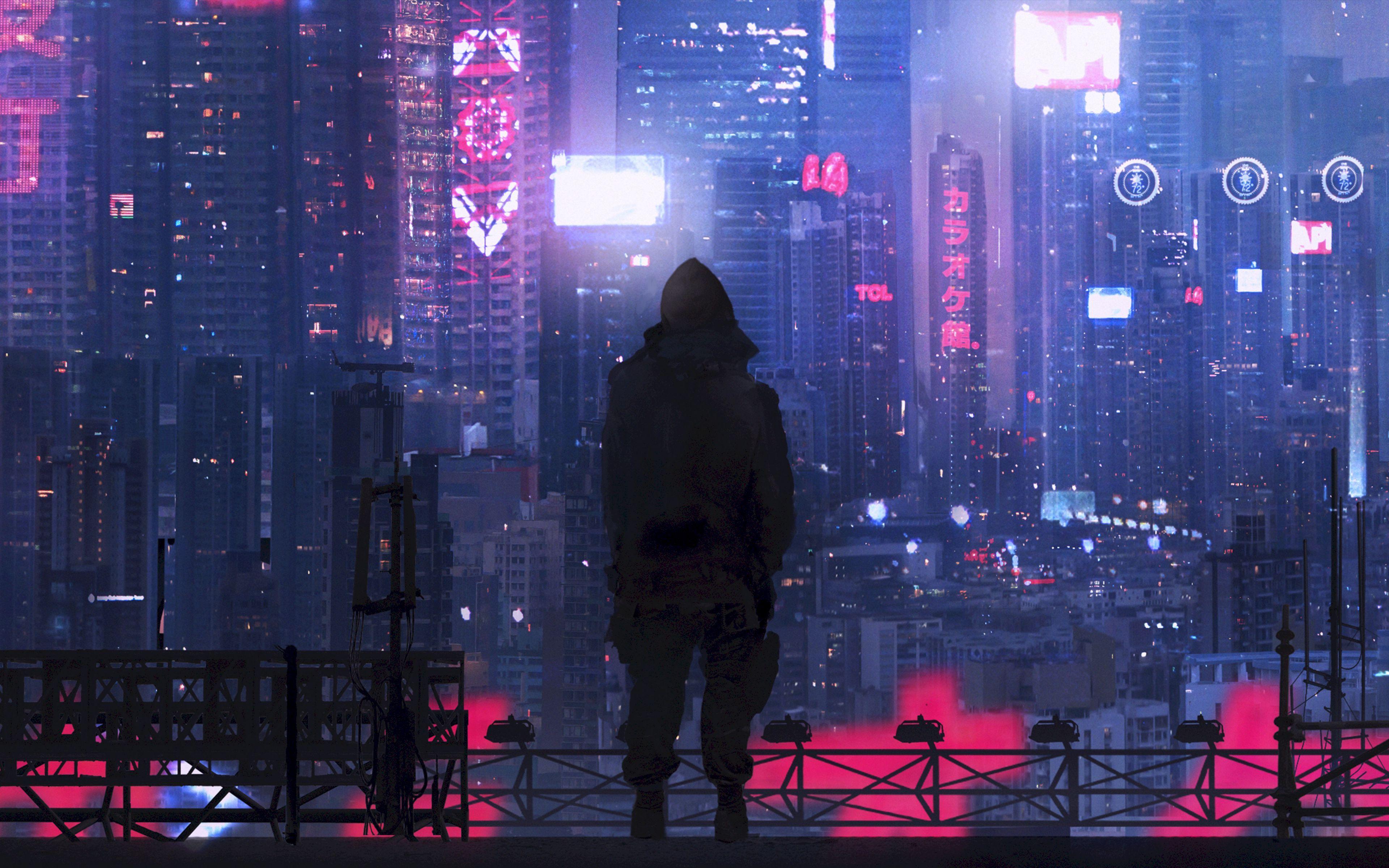 3840x2400 Download wallpaper 3840x2400 city, silhouette, art, cyberpunk