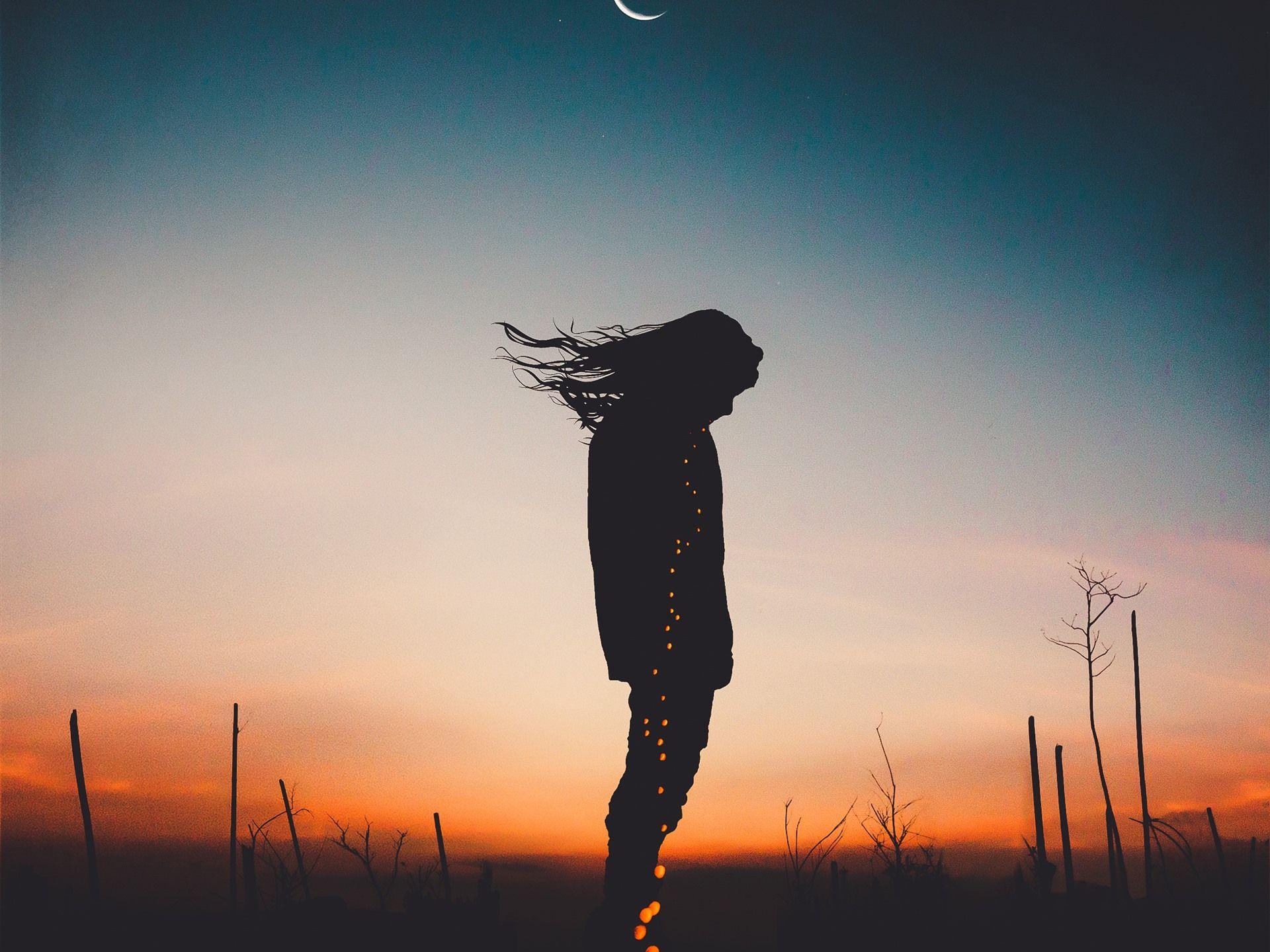 1920x1440 Wallpaper Girl, silhouette, hair, wind, night 1920x1440 HD Picture