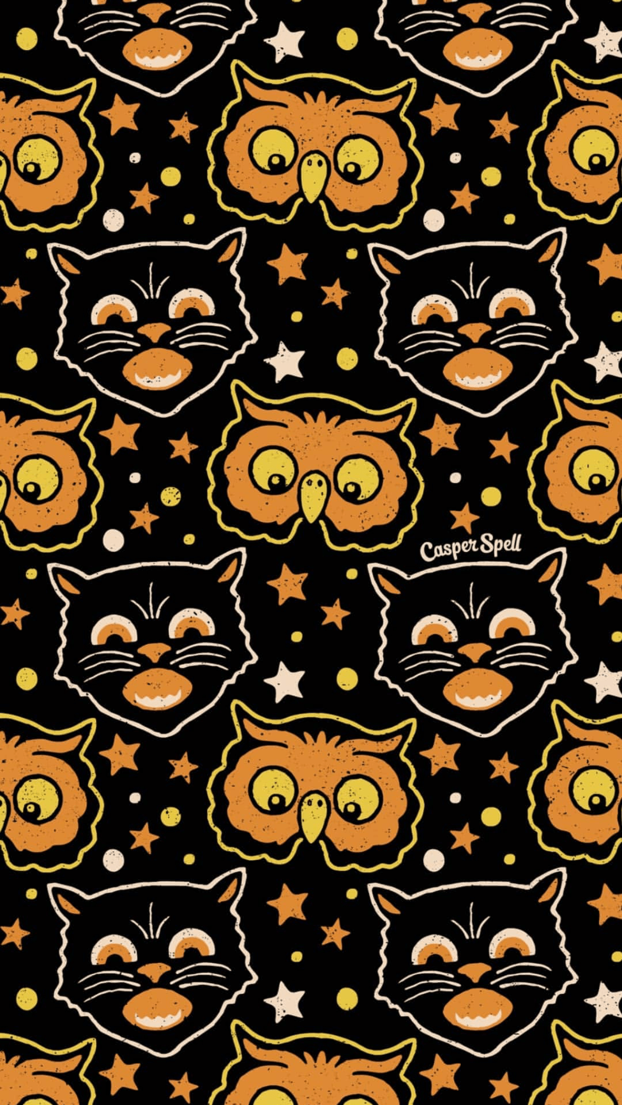 1242x2208 Retro Black Cat and owl Halloween by artist Casper Spell