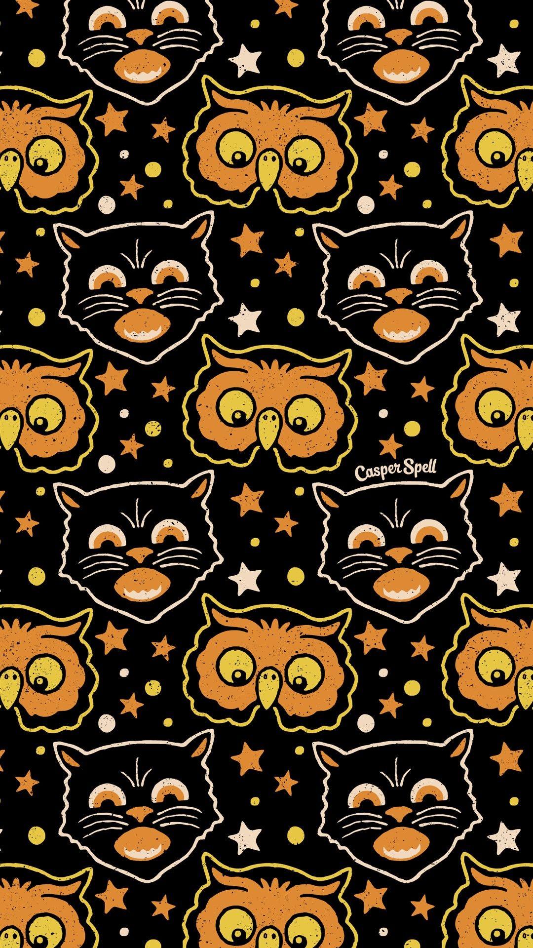 1080x1920 Retro Halloween Vintage Black Cat & Orange Owl Repeat Seamless