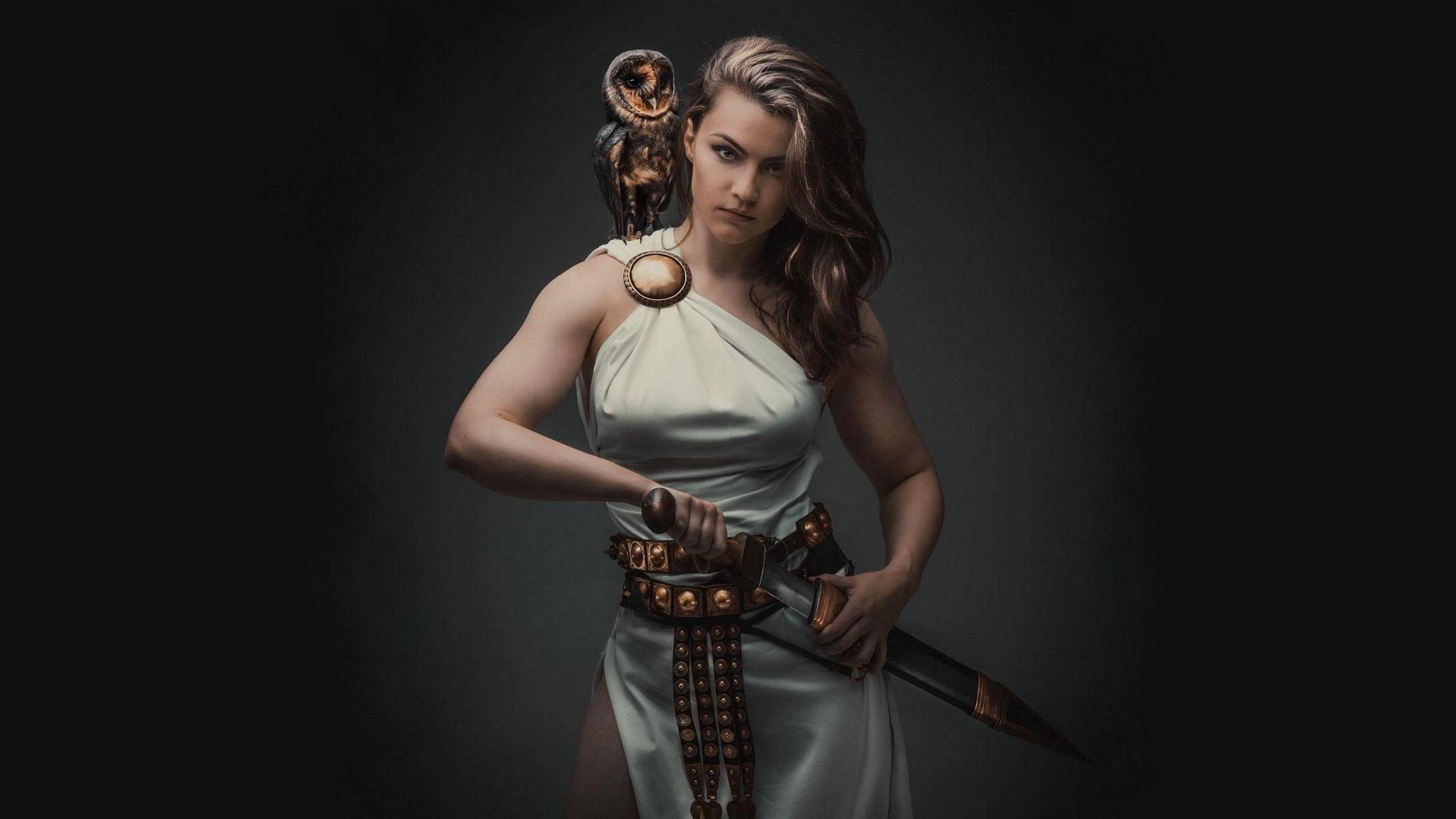 2560x1440 Wallpaper Brown hair girl, sword, owl, retro style 2560x1440 QHD