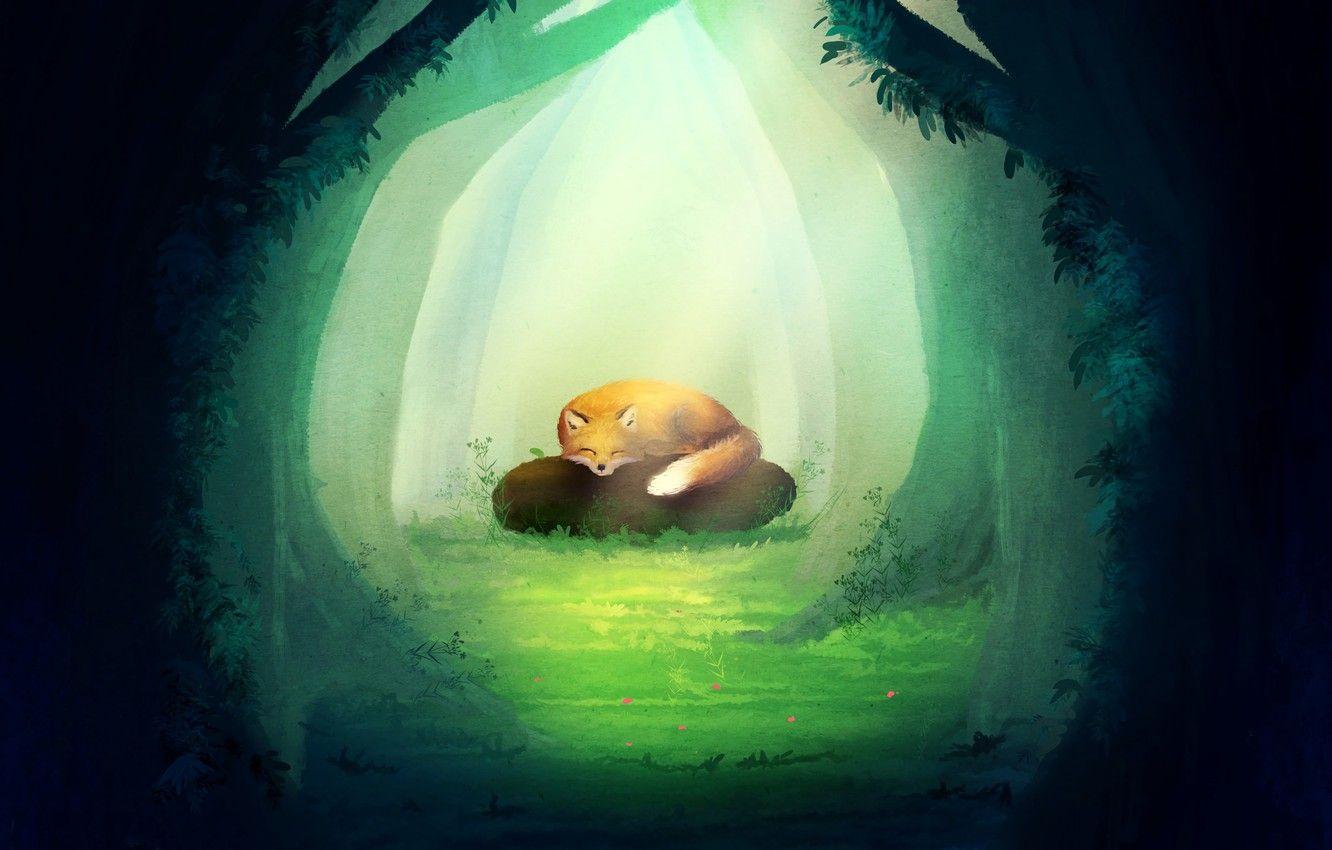 1332x850 Wallpaper forest, fox, trees, stone, art, painting, digital art, 4k ultra HD background image for desktop, section арт