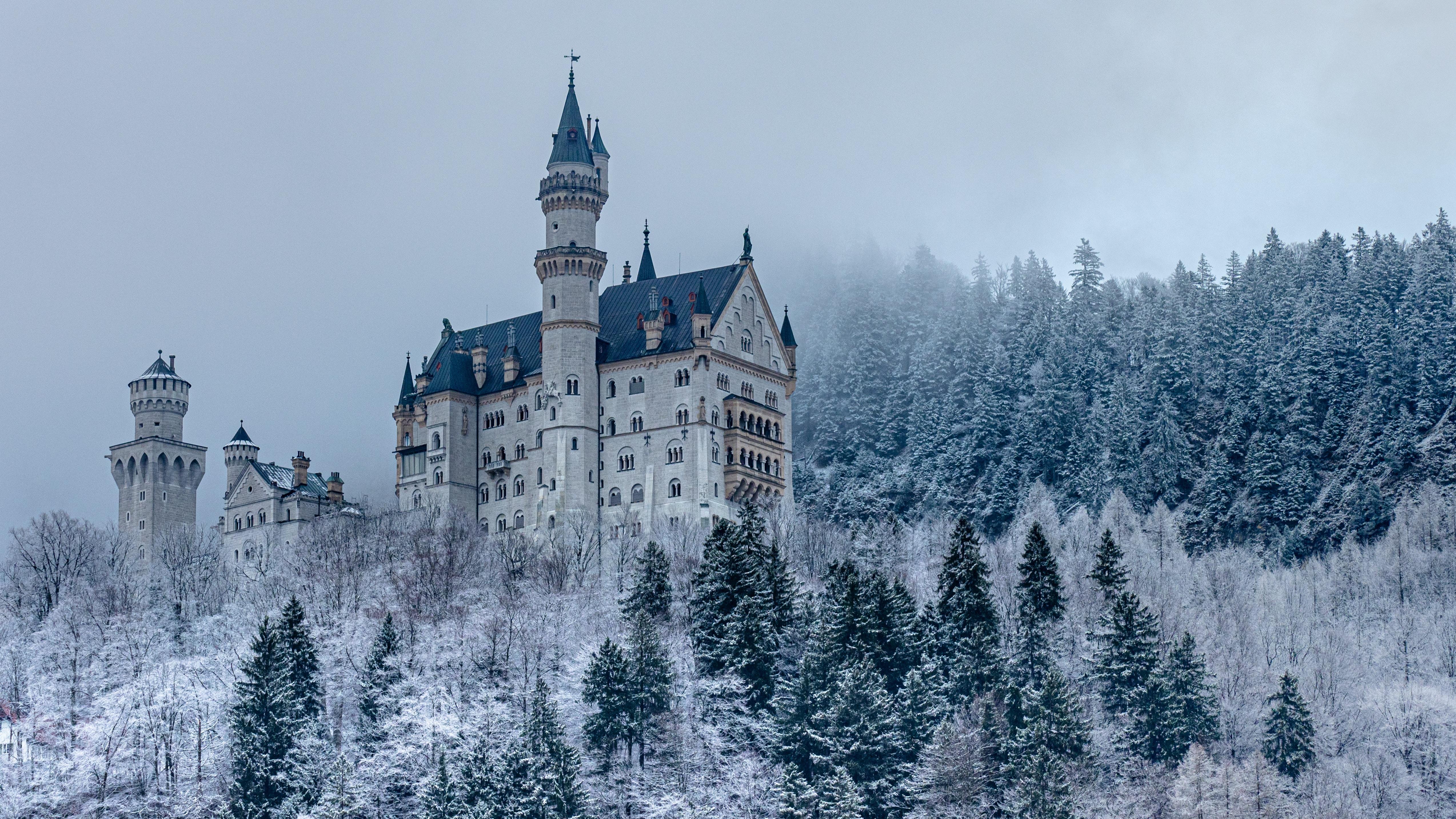 5095x2866 wallpaper castle, forest, snow, winter, architecture HD