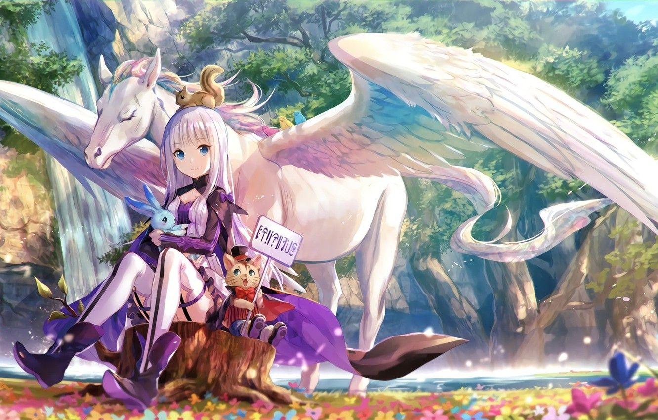 1332x850 Wallpaper kawaii, girl, nature, rabbit, anime, cat, waterfall