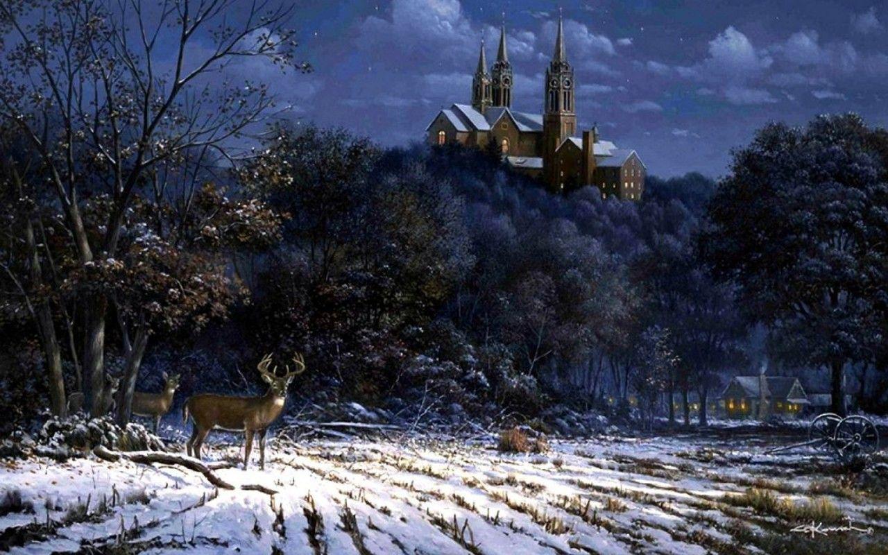 1280x800 Forest Castle Deer Snow Field wallpaper. Forest Castle Deer Snow