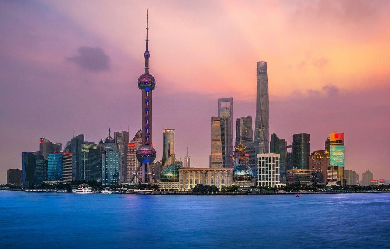 1332x850 Wallpaper city, lights, China, Shanghai, twilight, tower, sky, sea