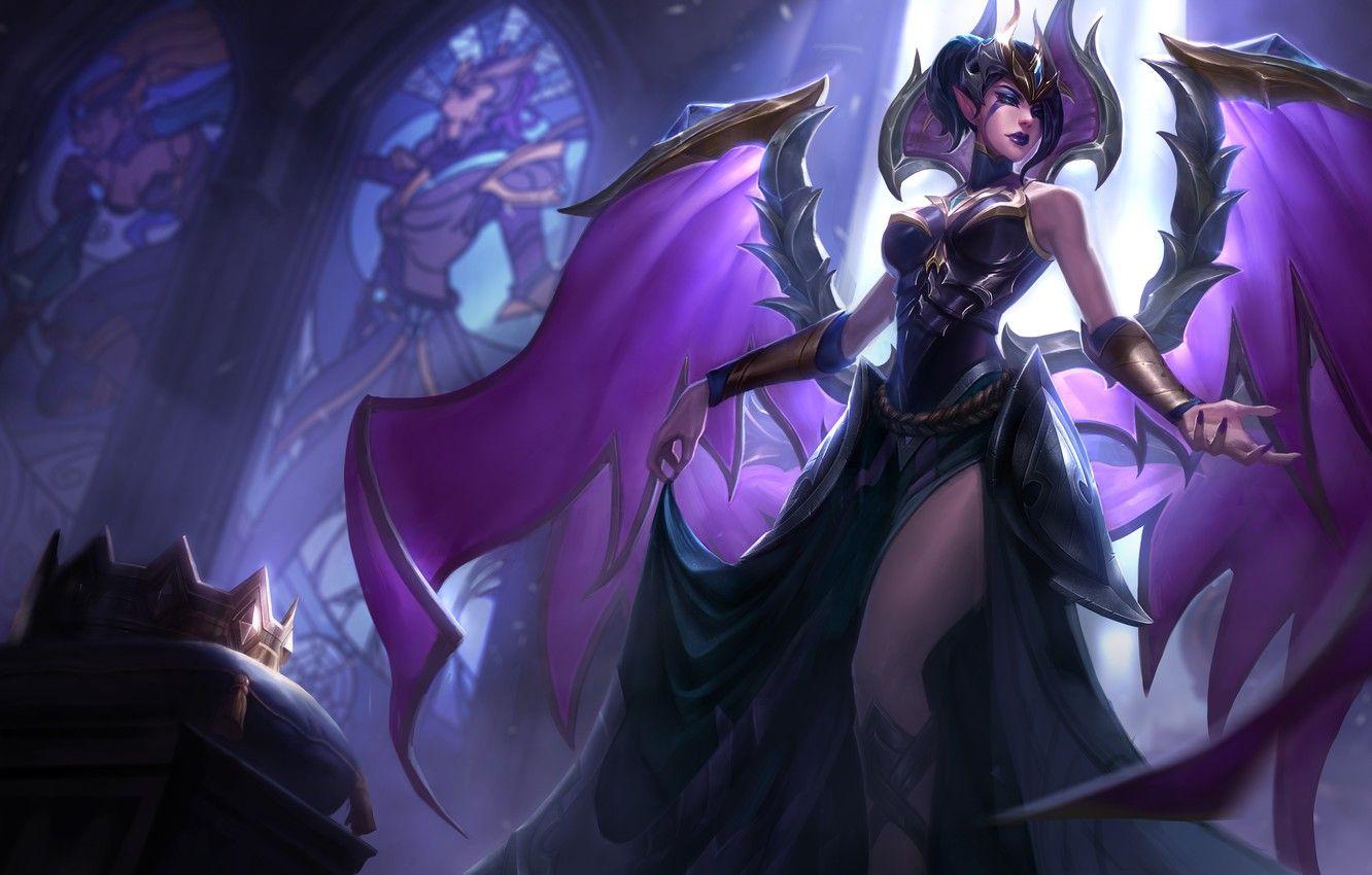 1332x850 Wallpaper girl, fantasy, game, cathedral, wings, crown, angel, League of Legends, digital art, artwork, dark angel, fantasy art, Morgana, fantasy girl, pointy ears image for desktop, section игры