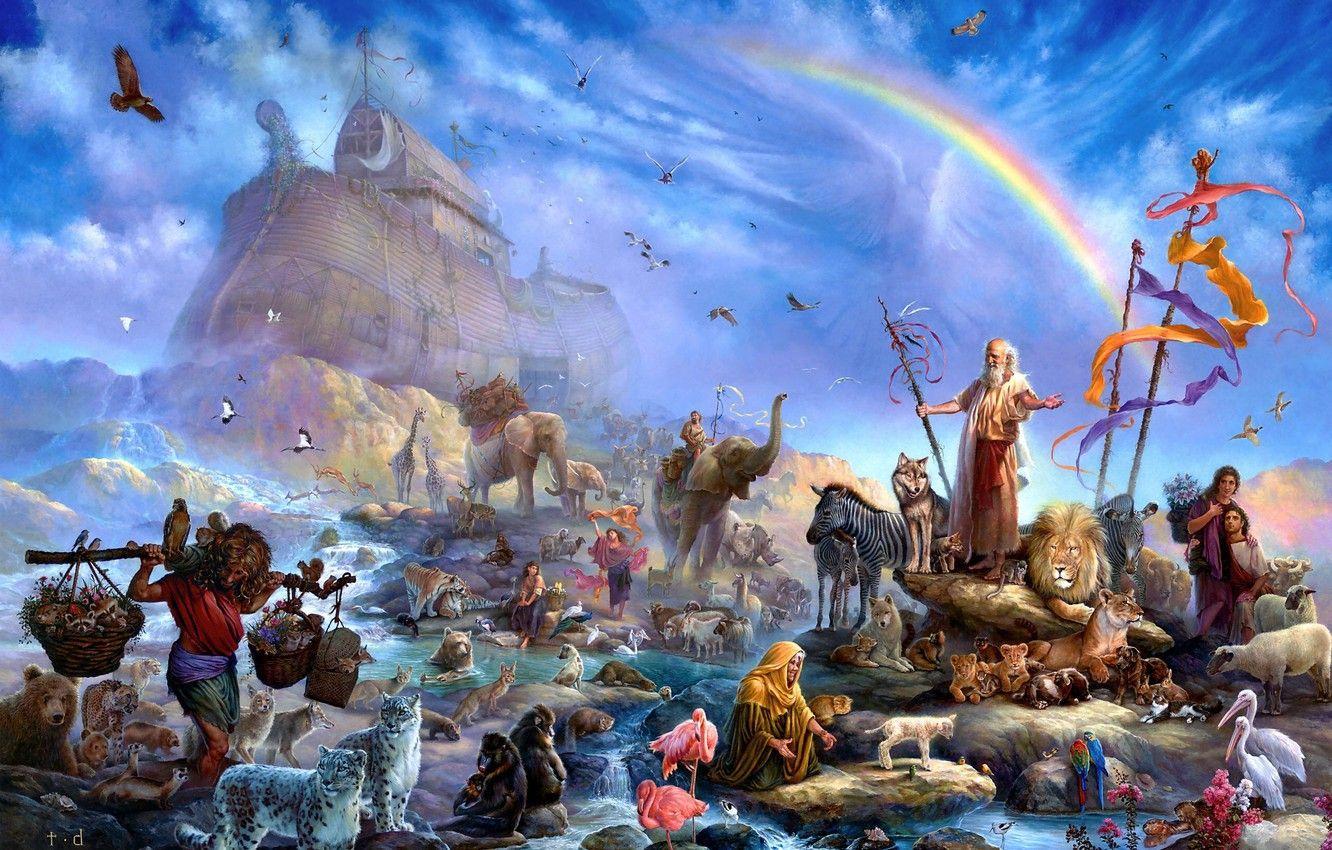 1332x850 Wallpaper animals, people, rainbow, art, salvation, the ark, Tom
