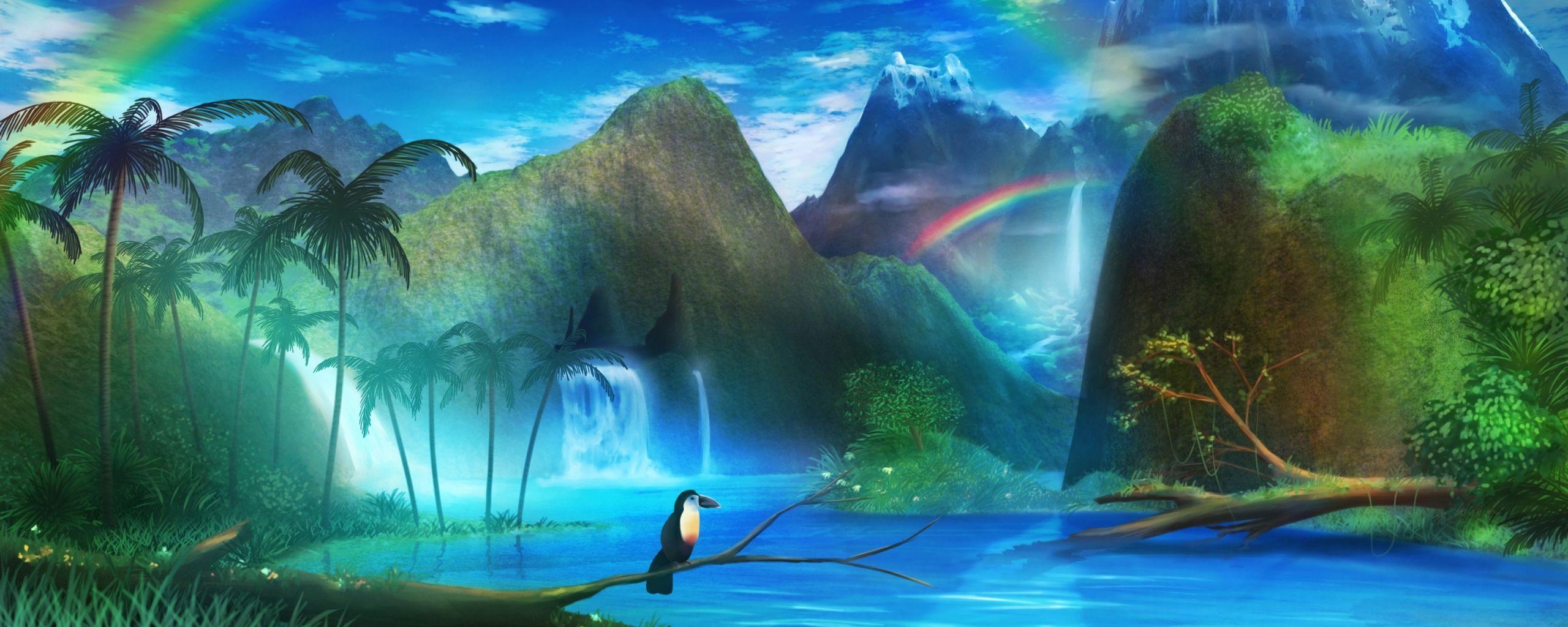 2560x1024 Download wallpaper 2560x1024 toucan, waterfall, rainbow, art