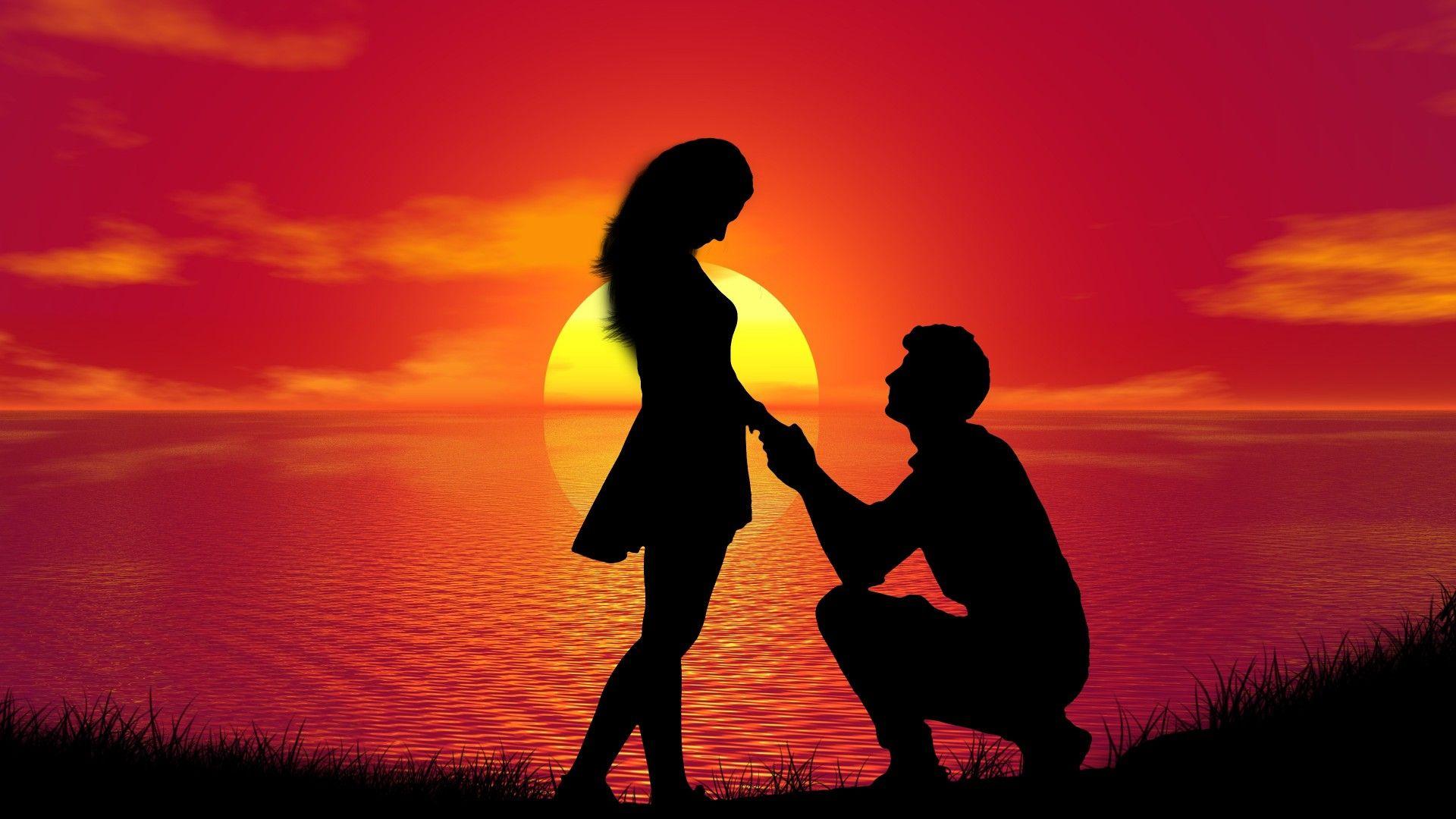1920x1080 4K Wallpaper Couple, Sunset, Proposal, Silhouette, Romantic