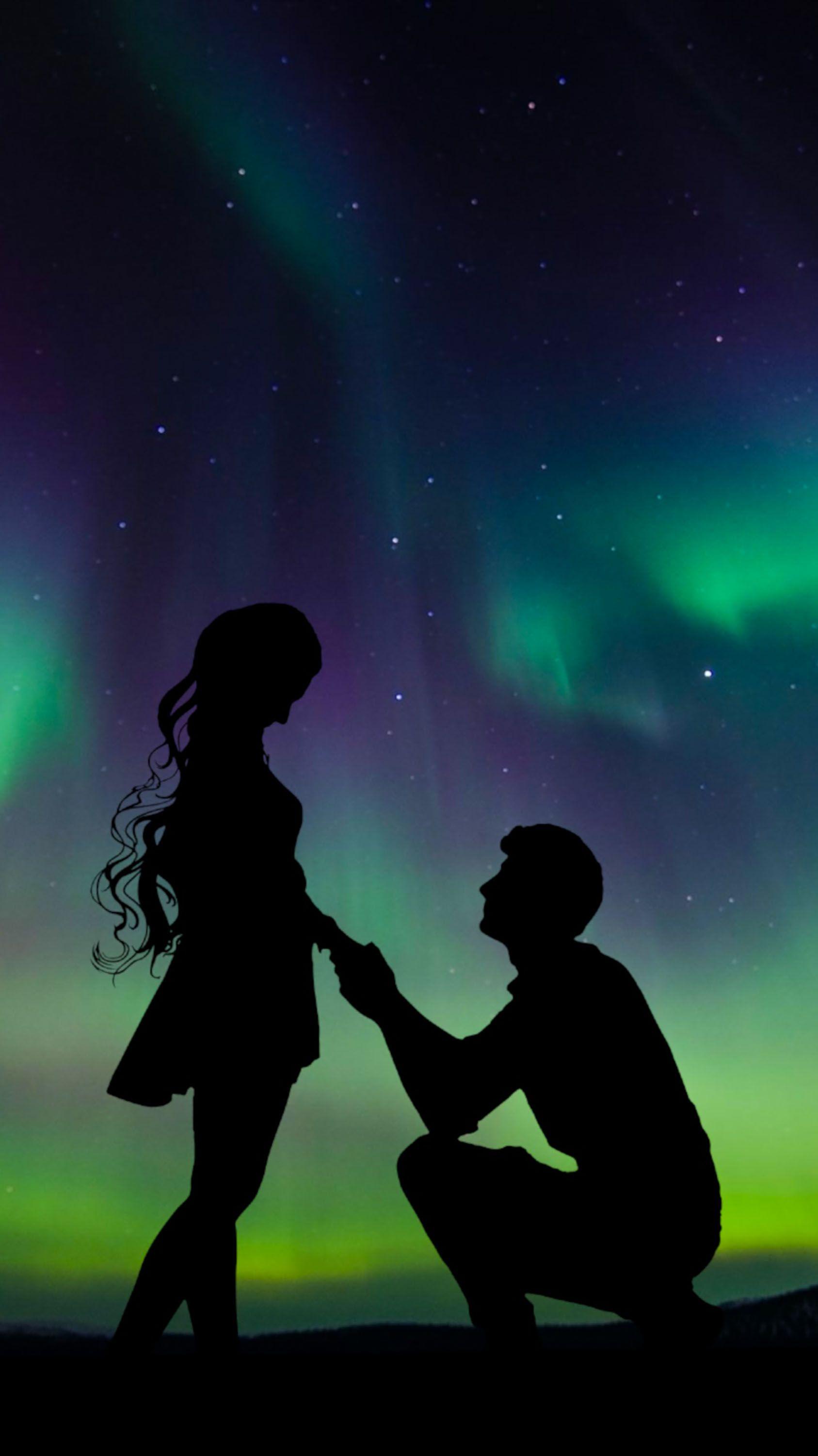 1687x3000 couple #lover #love #silhouette #aurora #night #stars #green #blue