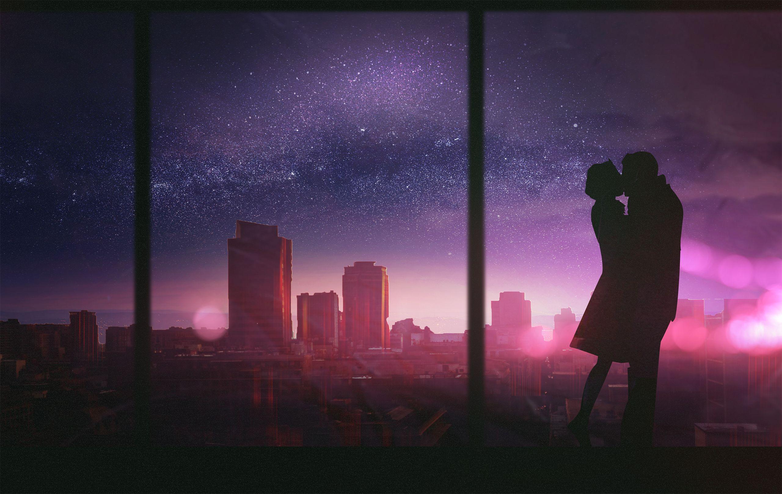 2560x1618 image Silhouette Two Love Fantasy Window Houses 2560x1618