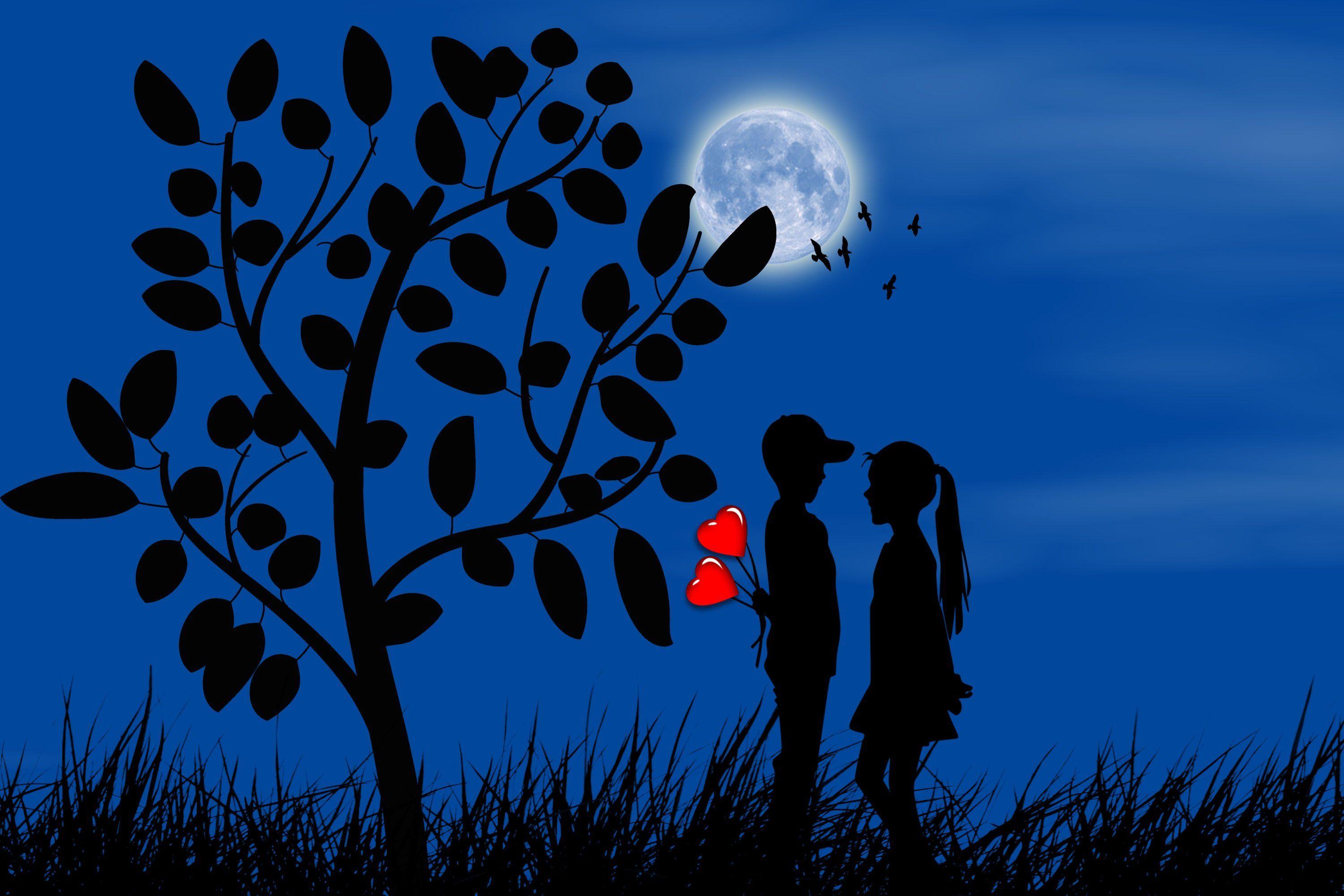 3000x2000 Picture Heart Silhouette Two Love Moon Trees