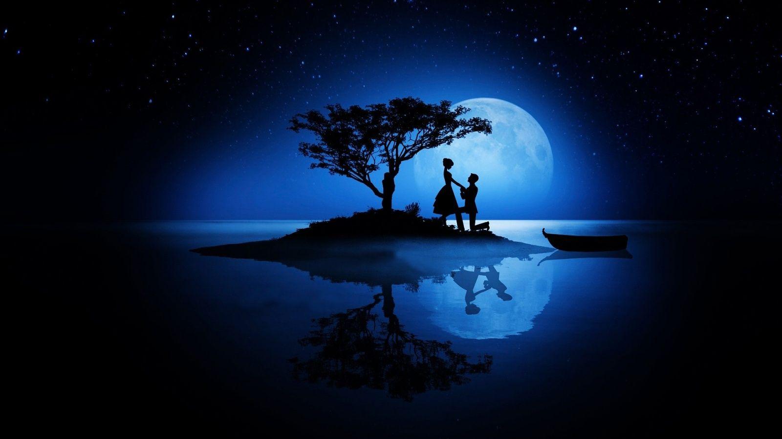1600x900 Love Couple Silhouettes Moon Wallpaper