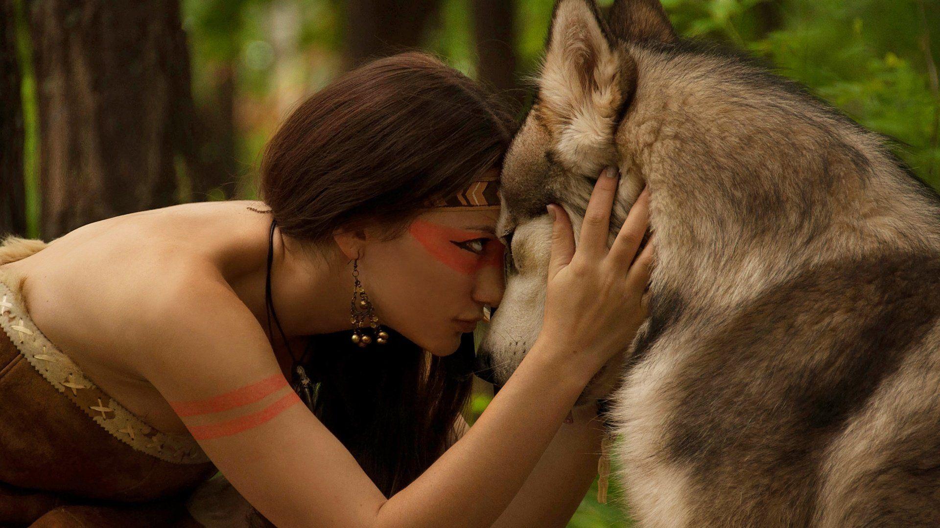 1920x1080 Native American With Wolf HD wallpaper