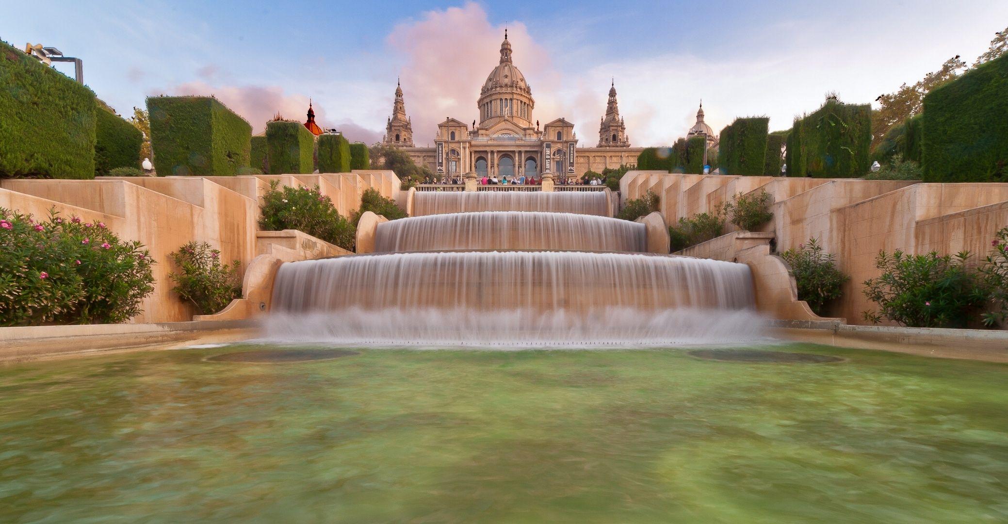 2078x1080 barcelona, Aeyaeyspain, Fountain, Cascade Wallpaper HD / Desktop