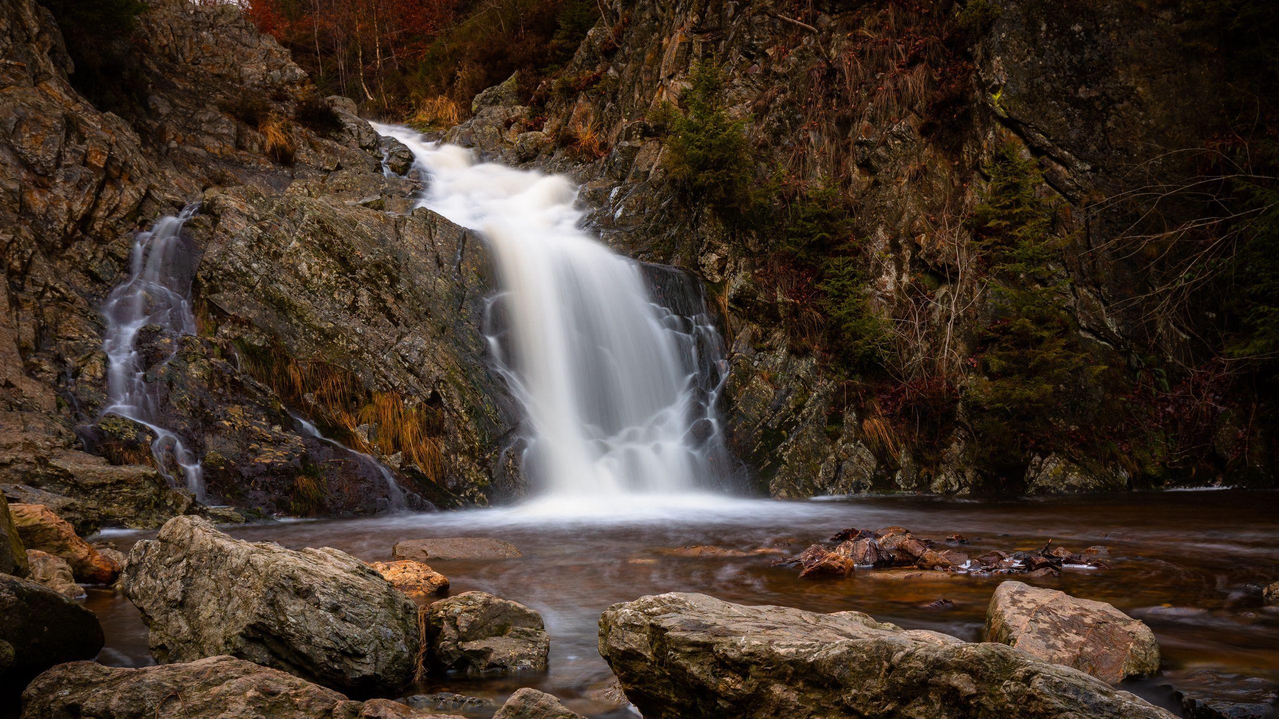 2560x1440 Download wallpaper 2560x1440 waterfall, stones, flow, cascade