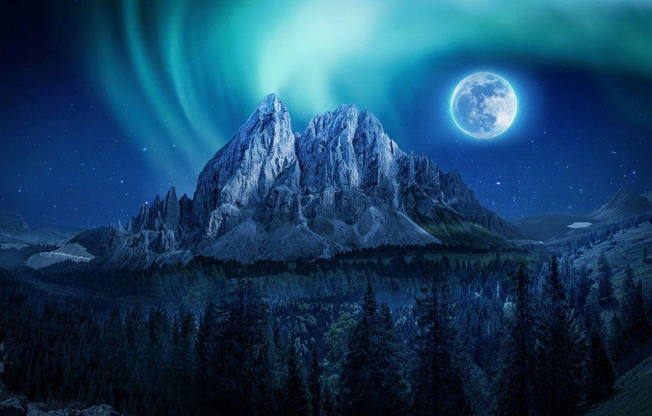 1332x850 Wallpaper forest, the sky, stars, mountains, night, the moon image for desktop, section природа