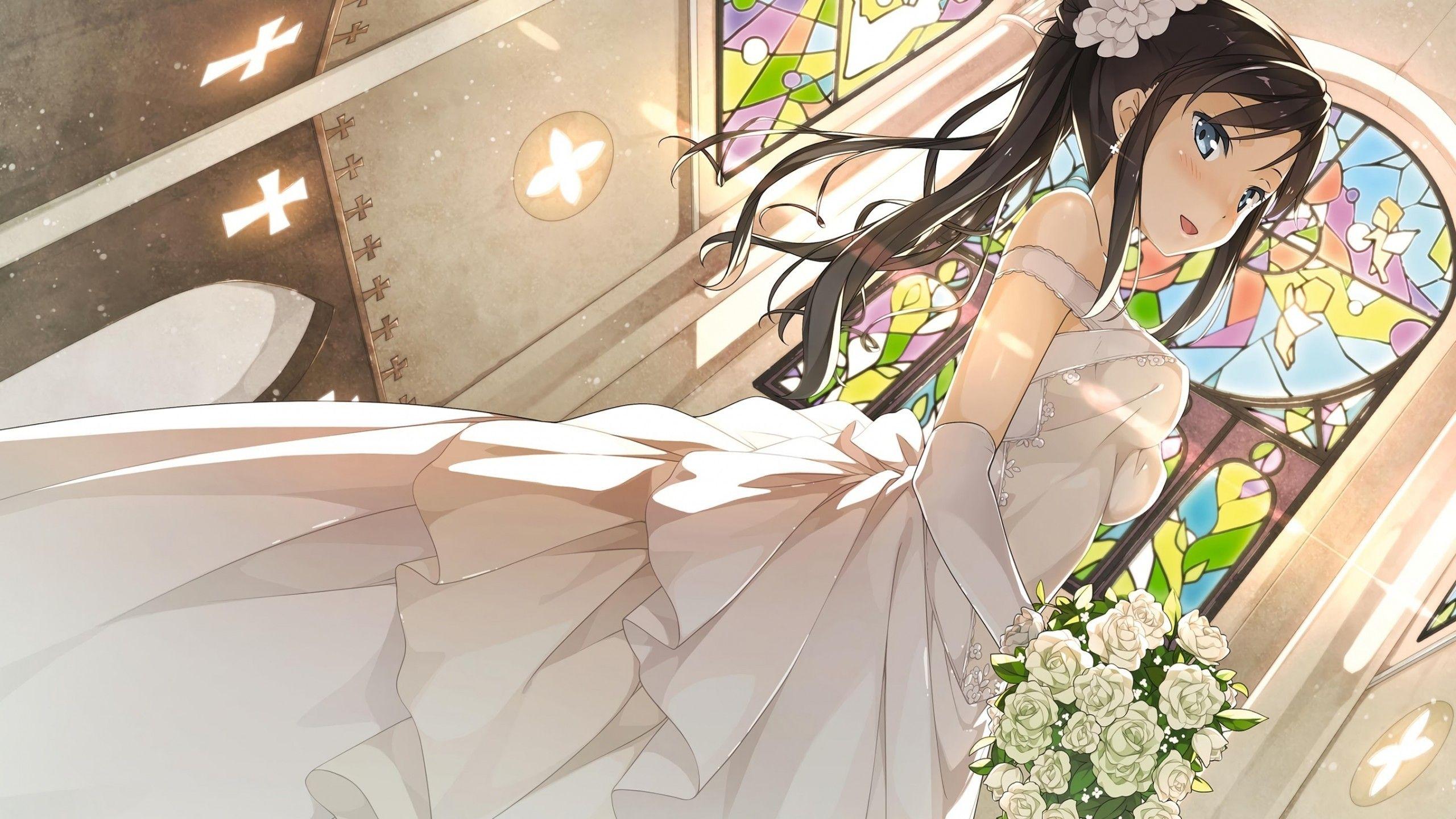 Wallpaper ID: 174191 / anime, bride, manga, dove, white, blue, bird, girl,  bouquet, flower free download