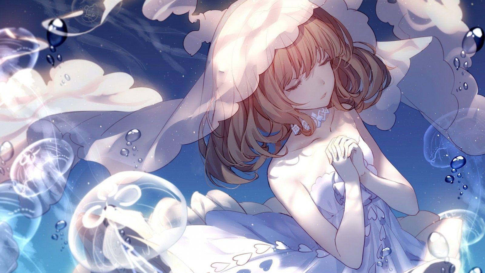 1600x900 Download 1600x900 Anime Girl, Wedding Dress, Closed Eyes, Blonde